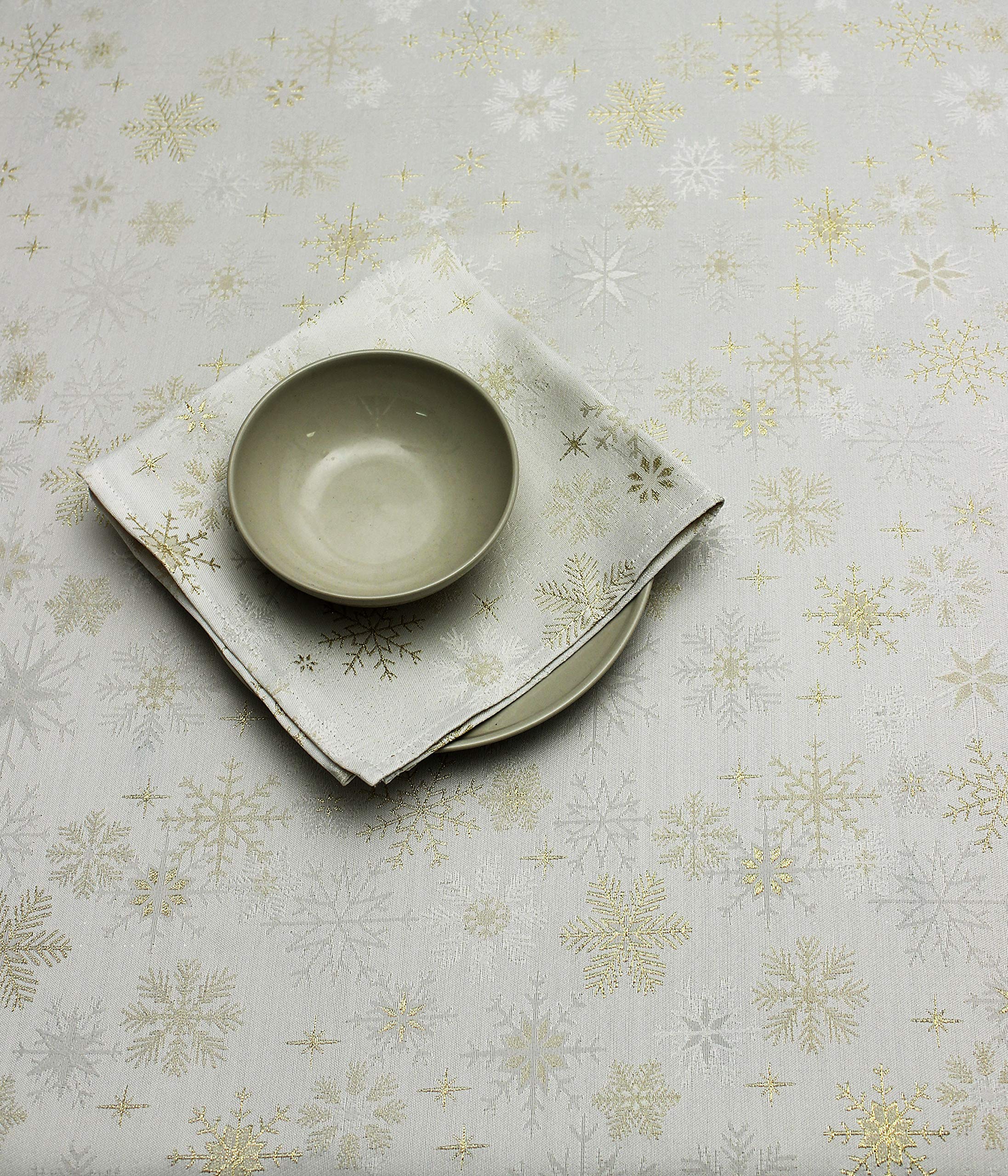 Peggy Wilkins Champagne/Gold Snow Crystal Sparkly Snowflakes Christmas Jacquard Tablecloth - 53" X 88" ()