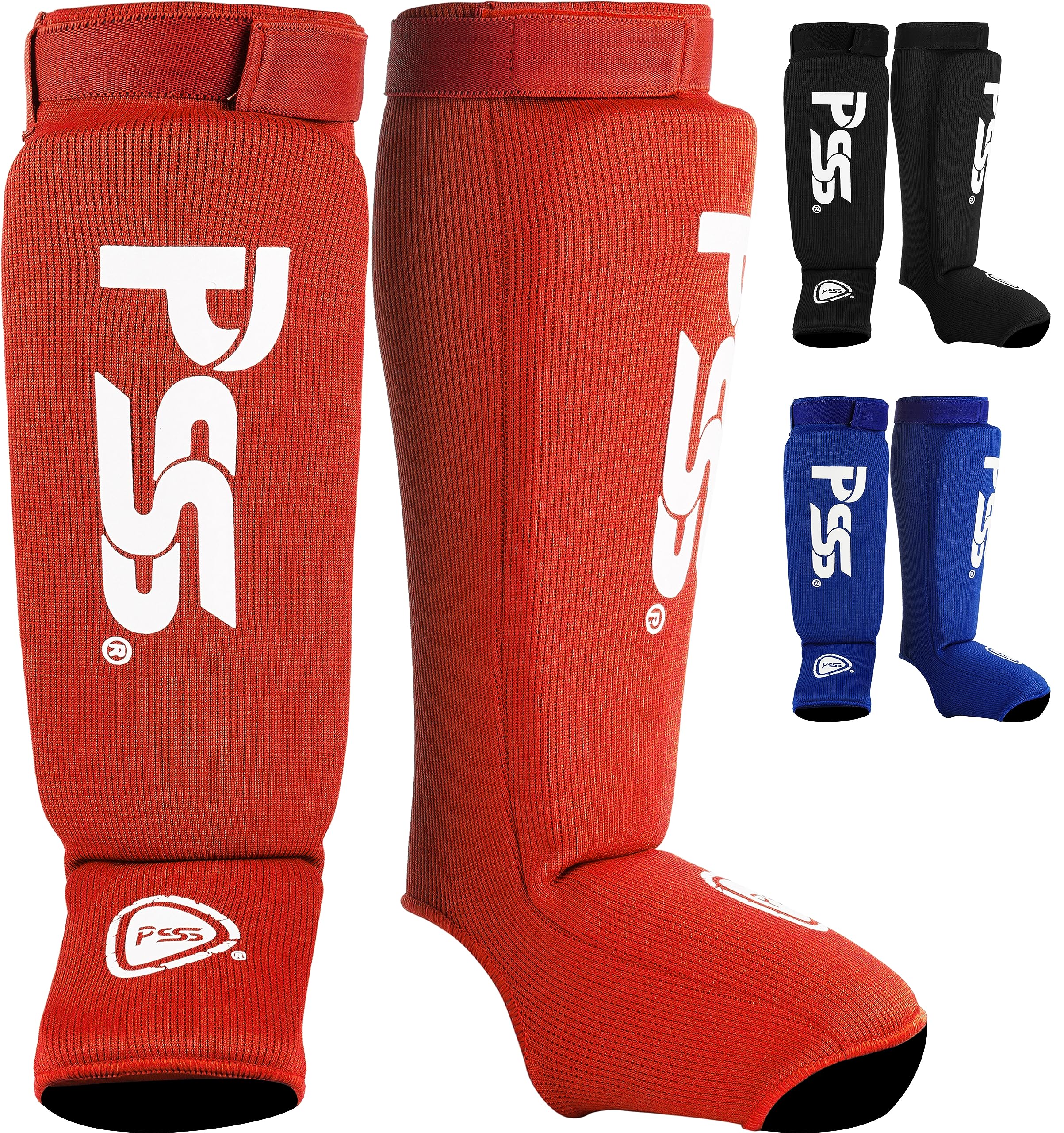 PSS Shin Guard Kickboxing Muay Thai MMA Taekwondo Training Gear Leg Instep-Less Sweating Safety Pads Sparring knee lightweight Elasticated Expanded Shield (S-M, Red)