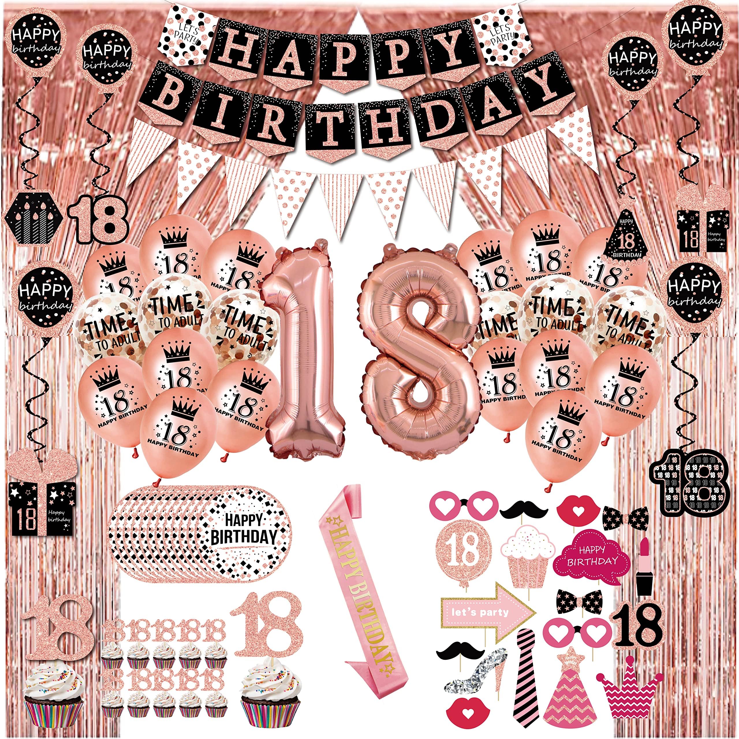 18th birthday decorations for girls - rose gold party Banner,happy birthday balloon,pink sash,party decorations