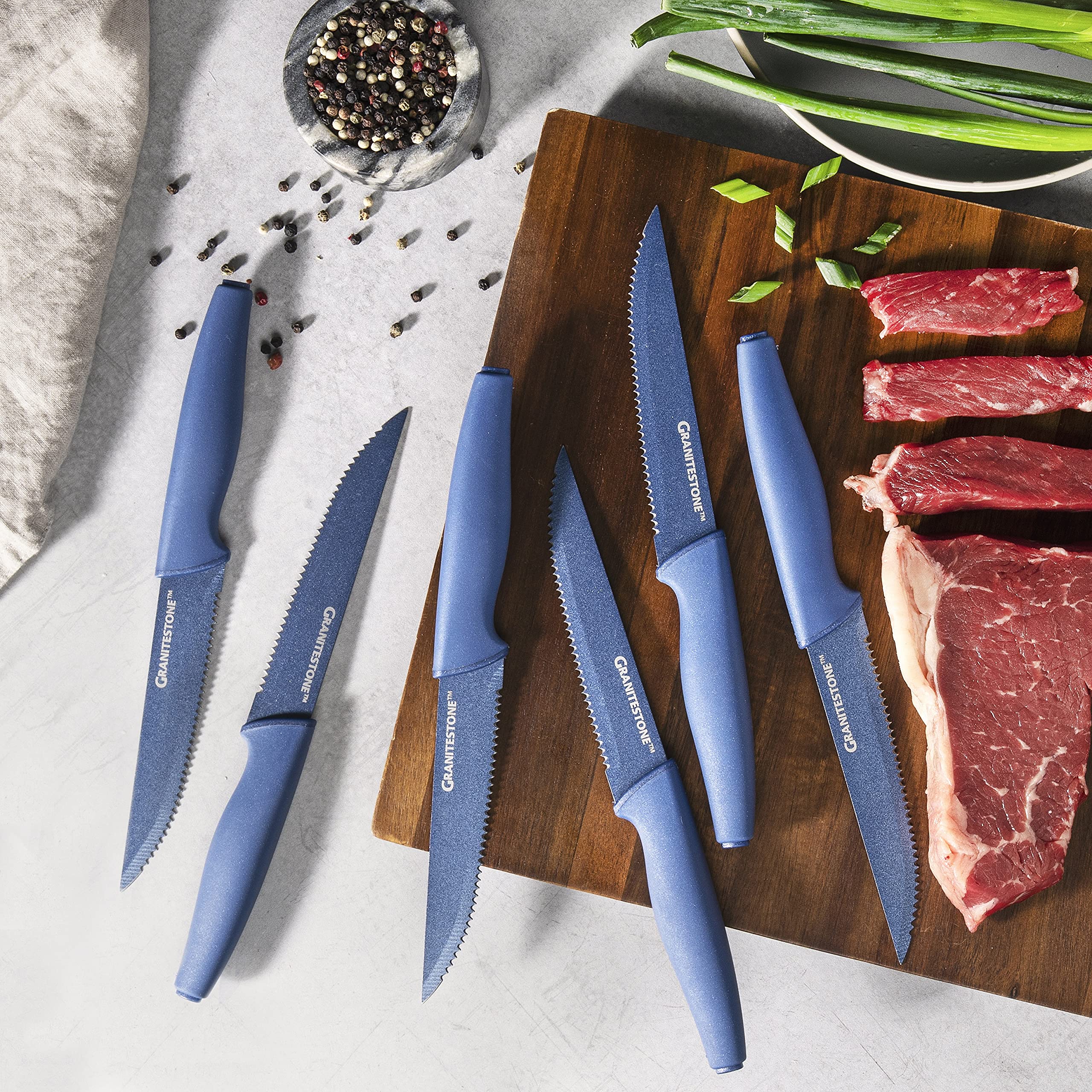Granitestone Nutriblade Blue 6-Piece Steak Knives Set Stainless Steel Serrated Blades with Comfortable Handles - Dishwasher-safe Rust-proof Steak Knife As Seen On TV