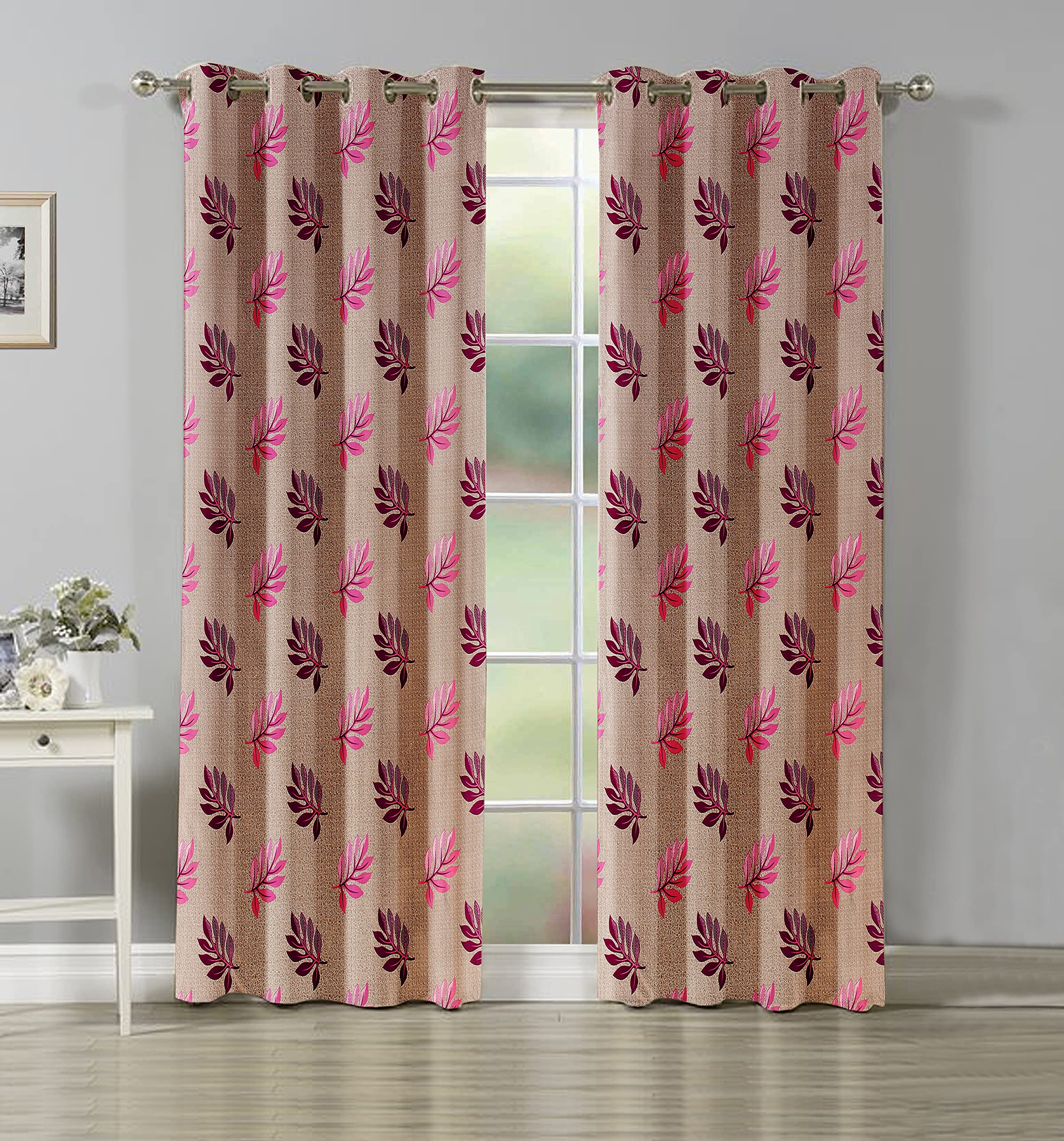 Queenson Polyester Room Darking Eyelet Printed Tree Leaf Pink Long Door Curtain 9 feet Long Set of 2