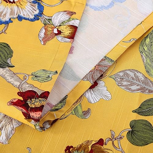 Miniatura 6 de Mantel de lino de algodón estilo campesino pastoral con delicado diseño floral floreciente y pájaros vivos, amarillo, 55 x 86 pulgadas.
