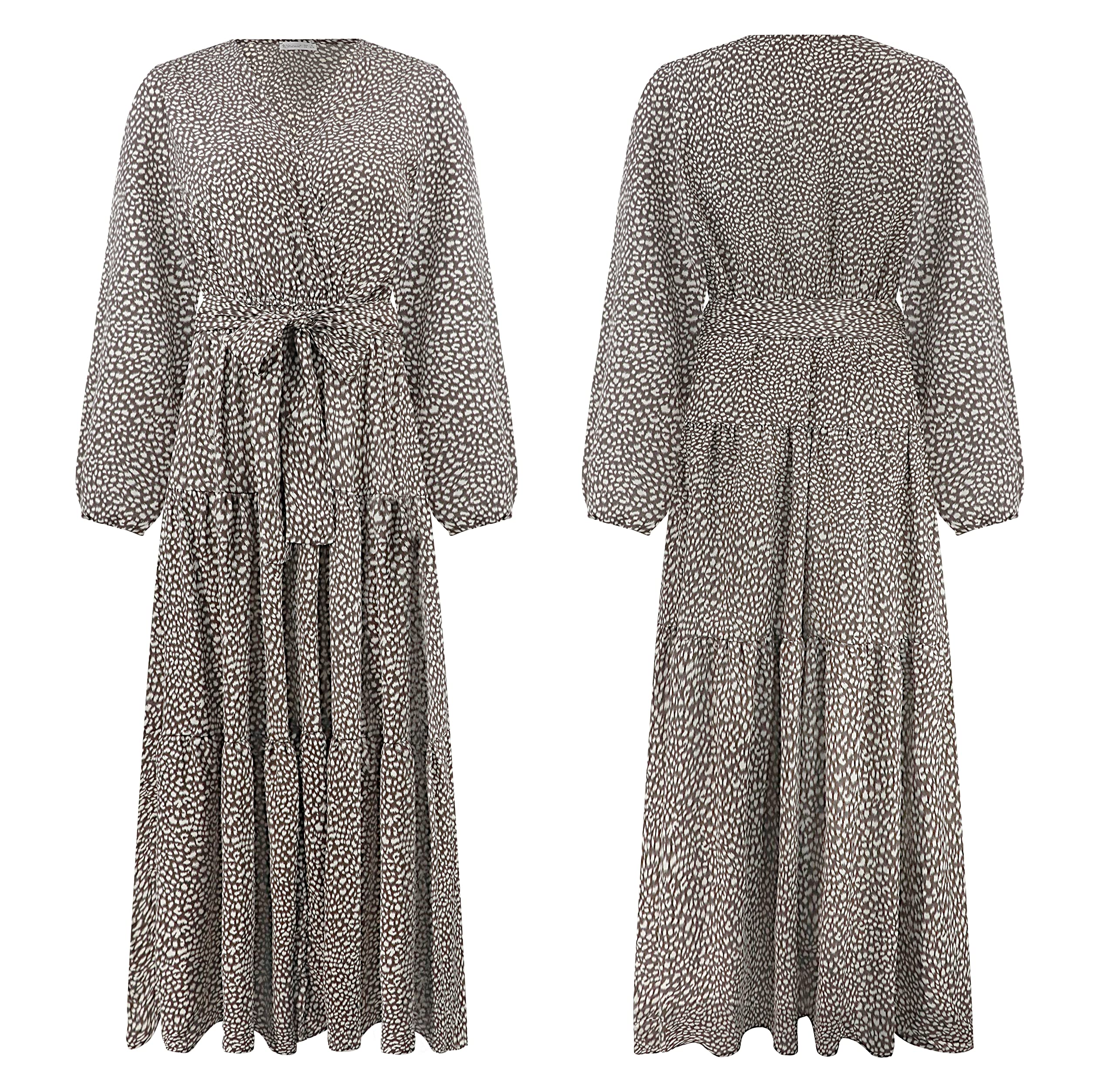 R.Vivimos Women's Fall Long Sleeve Casual Dresses Wrap V Neck Polka Dots Tiered Ruffle Flowy Midi Dress with Belt