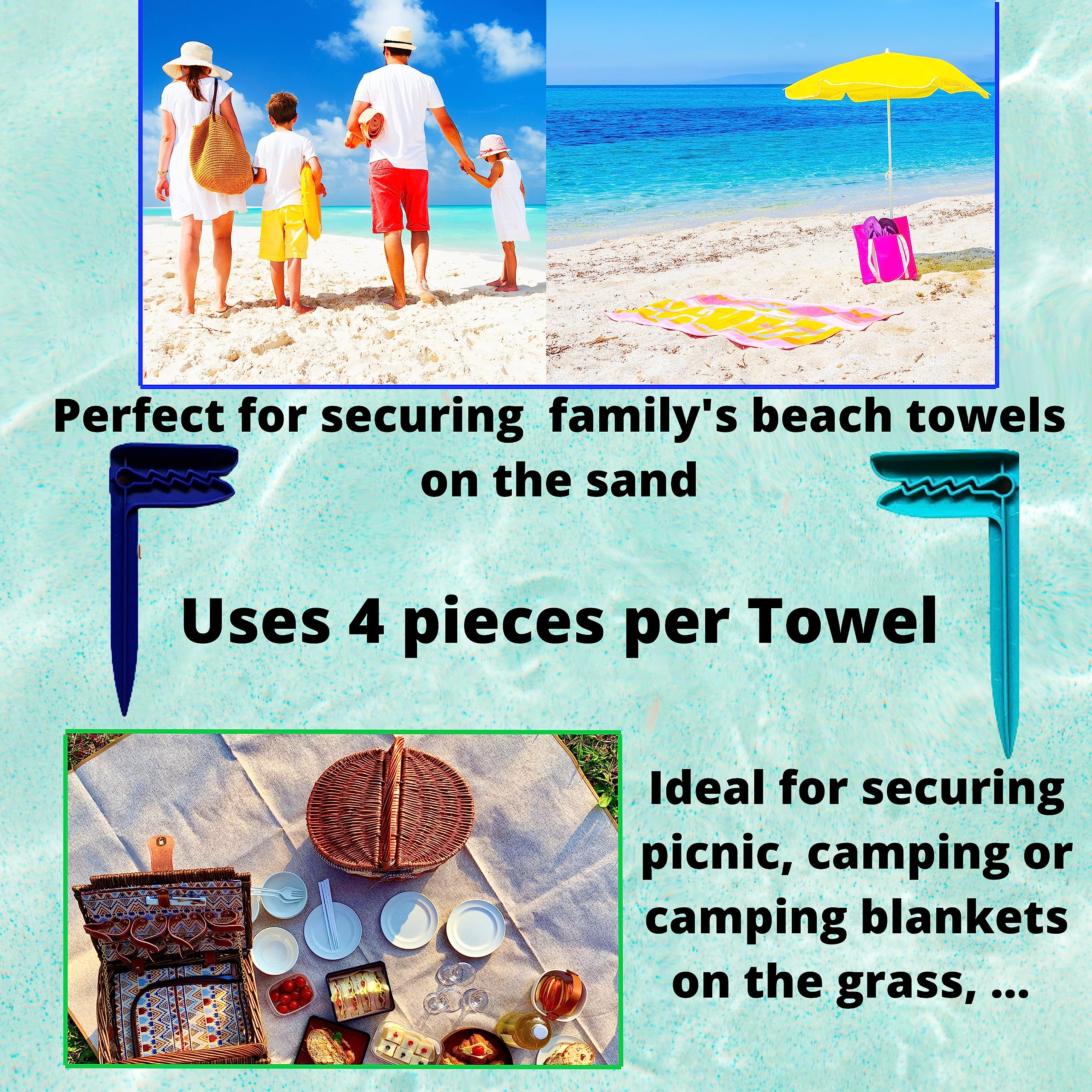 8 Clips para Toallas de Playa - Pinzas para Ropa y Manta Picnic - Fijar en Arena - Accesorios para Camping (Celeste)