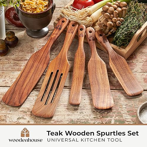 Miniatura 2 de Juego de 5 utensilios de cocina de madera para cocinar, utensilios de madera con soporte para cucharas, utensilios de cocina antiadherentes para