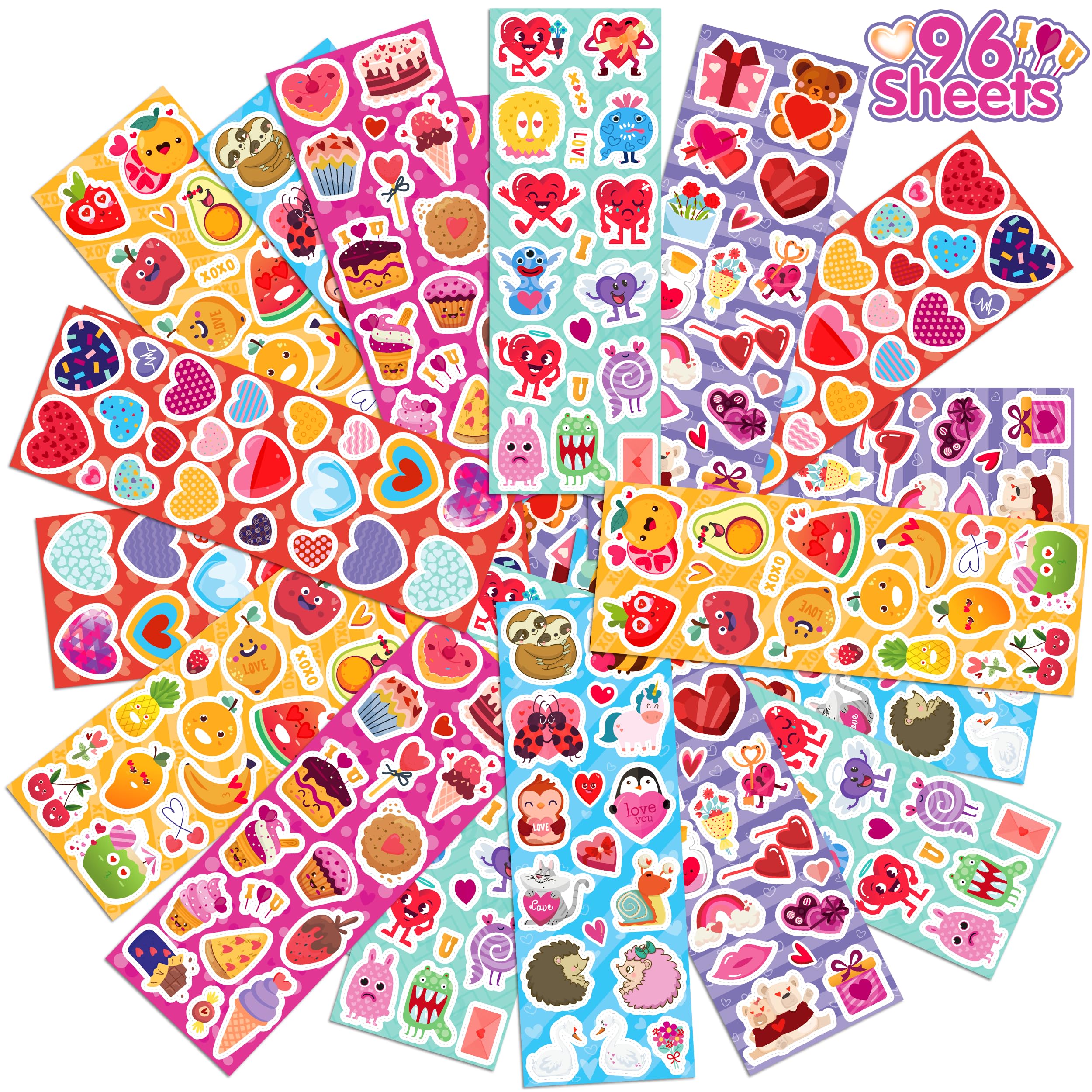 LINAYE 1440PCS Valentines Stickers for Kids, 96 Sheets Cute Valentines Day Stickers Bulk for Cards Envelopes Crafts,Love Heart Stickers for Party