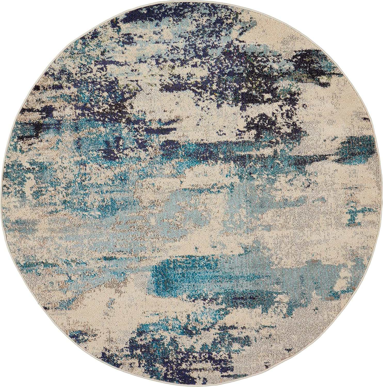 Nourison Home Celestial Ivory Teal Blue 4' x Round Area Rug - Easy Clean, Non Shedding, Bed Room, Living Room, Dining Room, Kitchen (4' x Round)