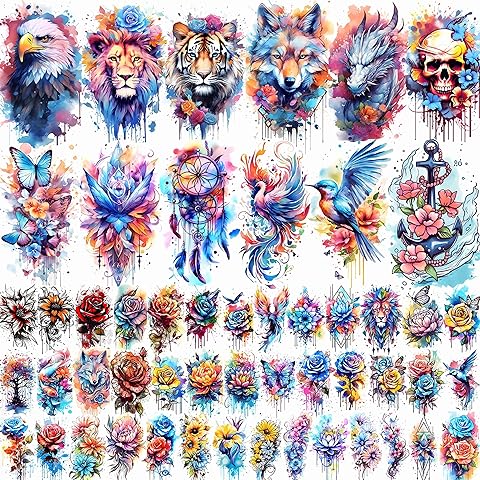 52 Realistic Temporary Tattoos for Women Adults - Long Lasting Waterproof Fake Flower Tattoo Stickers, 3D Roses Birds Wolf Floral Arm Neck Body Art for Gifts(Kids Safe)