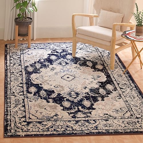 Miniatura 239 de Safavieh Tapete de área grande, colección Monaco, 11 pies x 15 pies, azul marino y celeste, diseño desgastado de medallón, no desprende pelusa