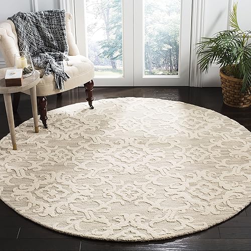SAFAVIEH Blossom Collection - Alfombra redonda de 4 pies, color gris y marfil, lana hecha a mano, ideal para zonas de alto tráfico en sala de estar, disponible en Yaxa Peru