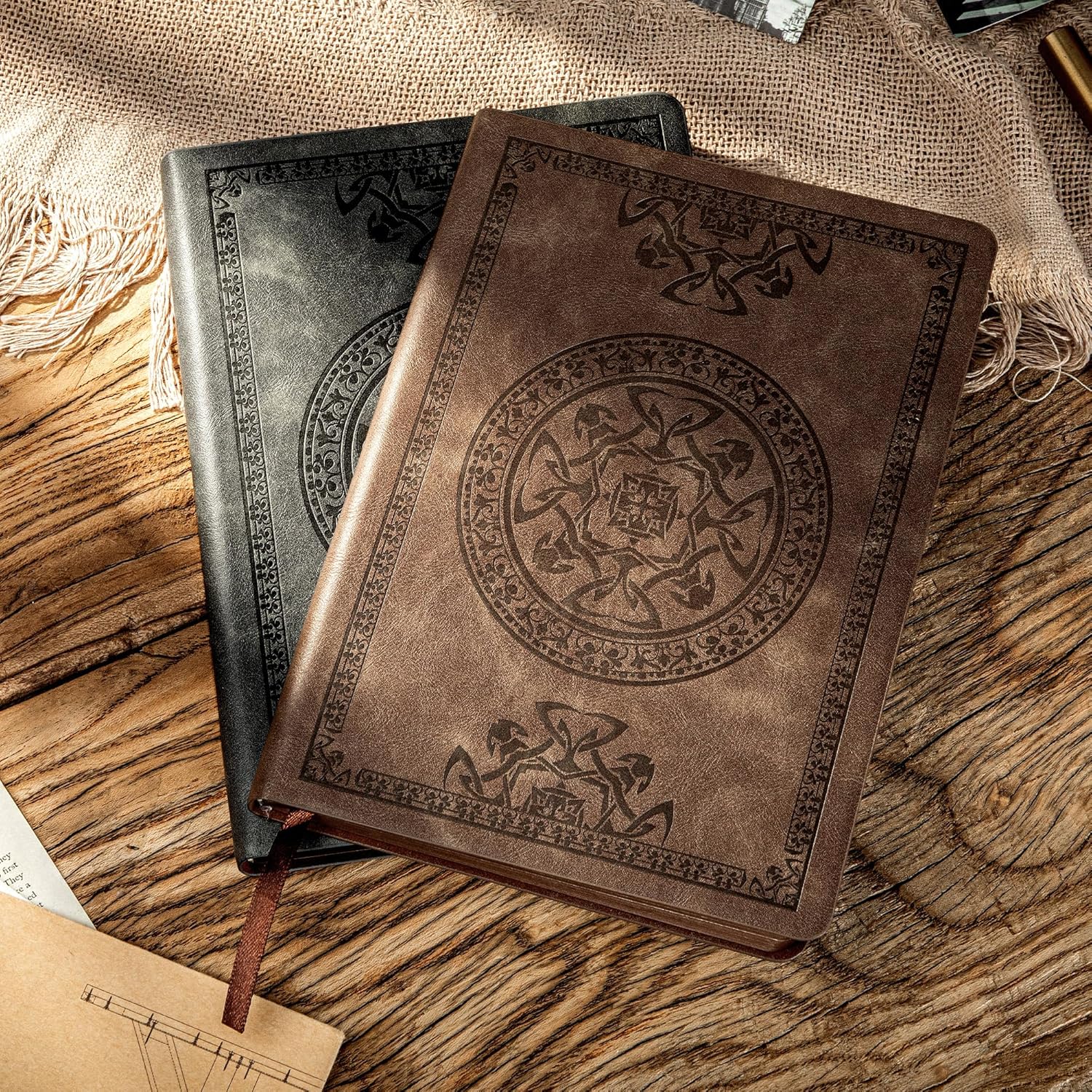 CAGIE 2 Pack Leather Vintage Journal for Men Soft Cover Lined Pages Notebook 180 Lay Flat for Writing Travel Diary, 5.7'' x 8.3'', Black, Dark Brown