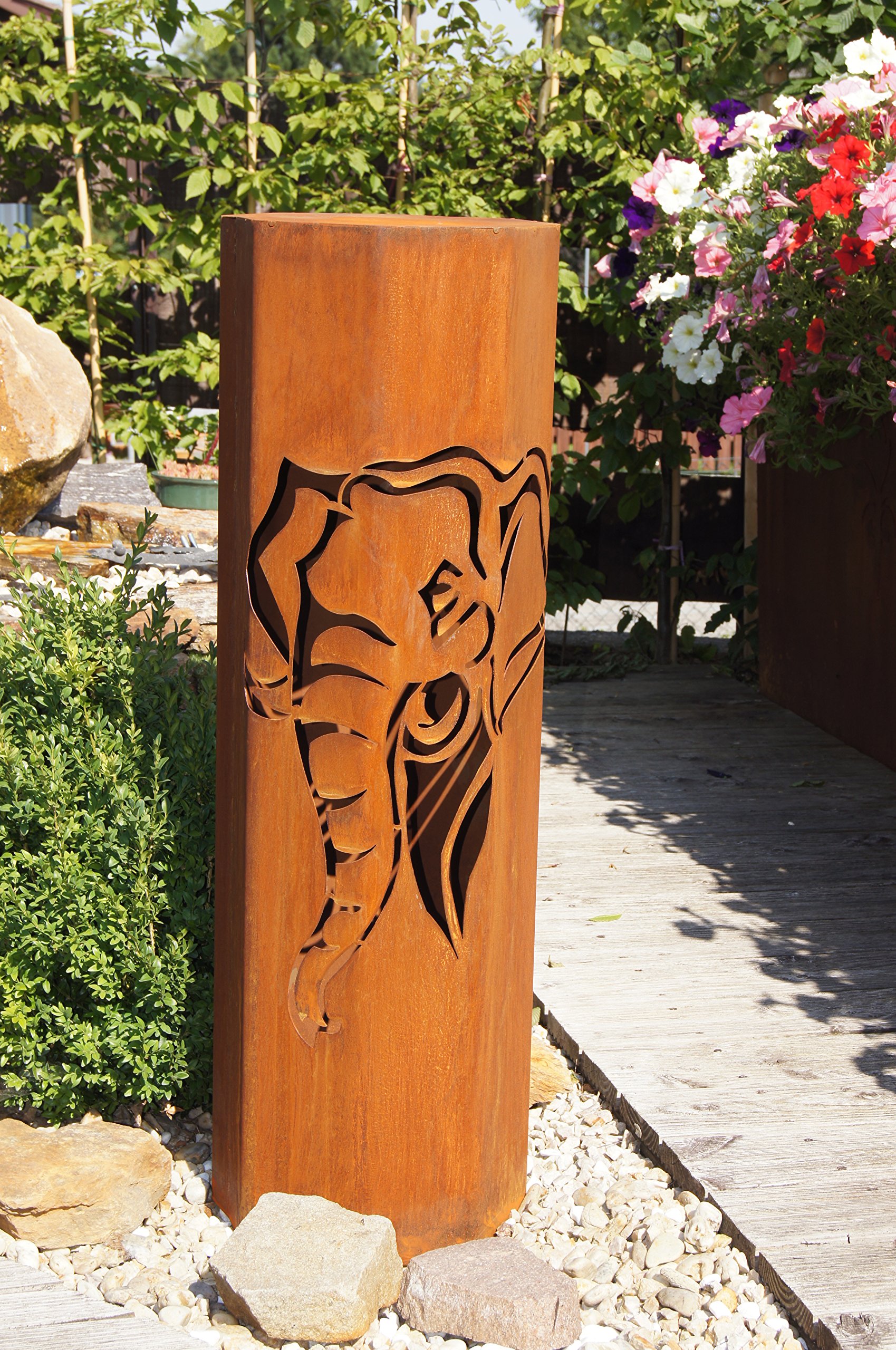 Säulenset Kirschblüte Im Edelrost-Design – 3-teilige Gartendeko Mit Edelstahlkugeln