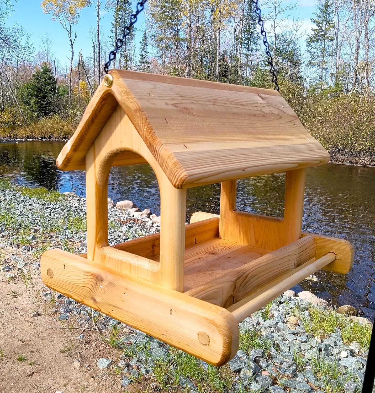 14 Inch Hanging Cedar Wood Arched Fly Through Platform Bird or Squirrel Feeder for Outdoors
