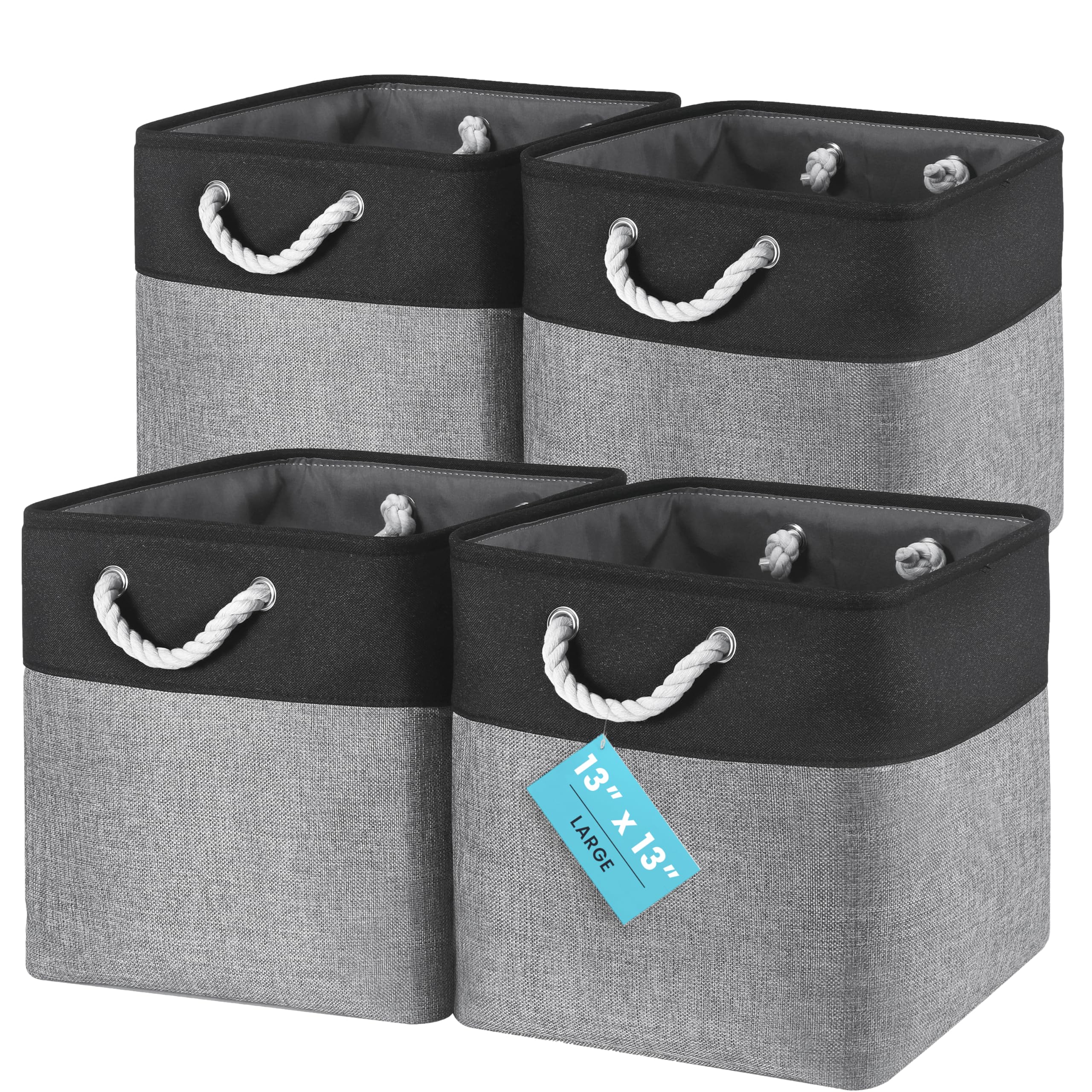 OrganiHaus Fabric Storage Boxes, Set of 4 Foldable 33X33 Cube Organiser Bins with Rope Handles for Shelves, Nursery & Closet, Collapsible Storage Baskets for Toys, Clothes & More - Grey/Black