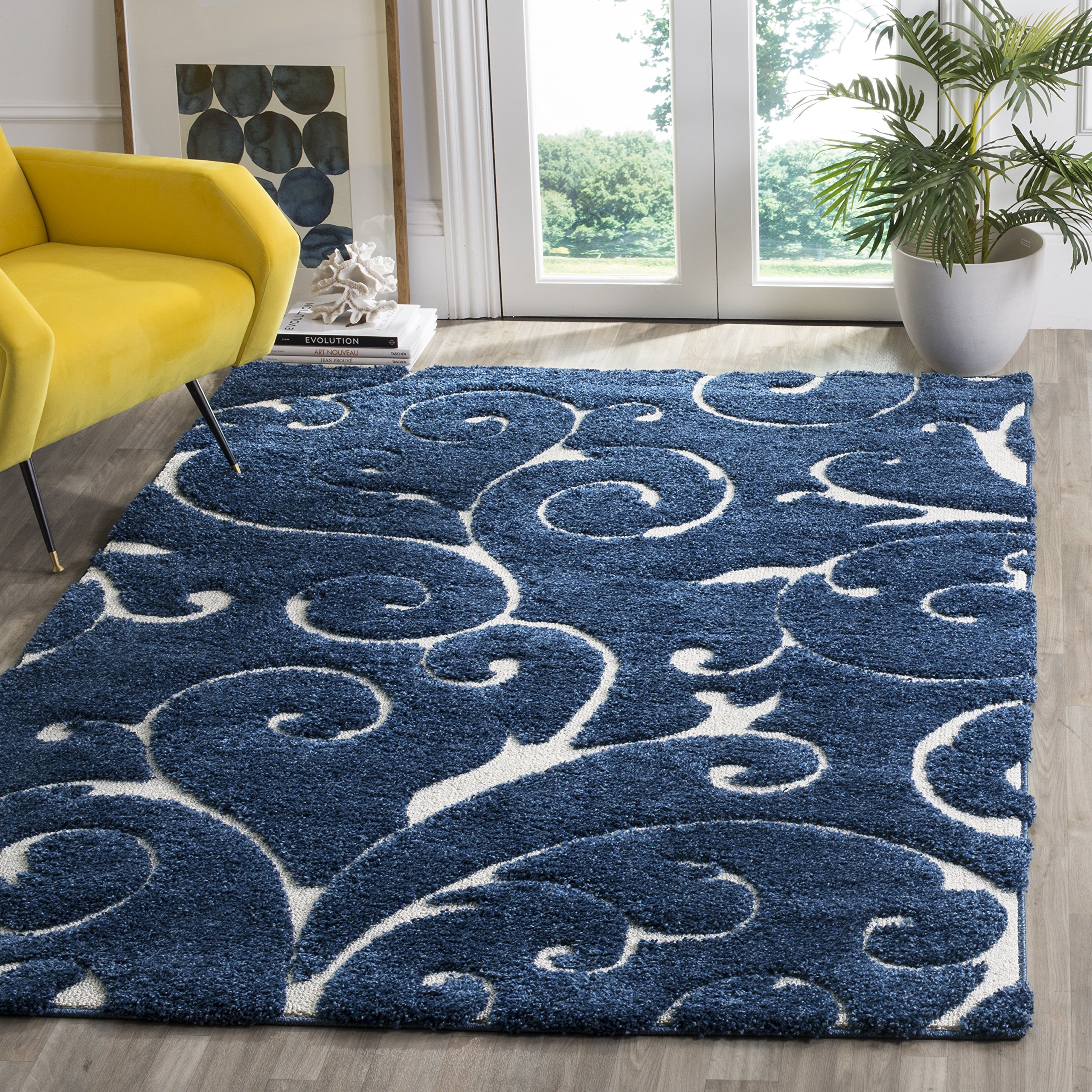 SAFAVIEH Florida Shag Collection Accent Rug - 2'3" x 5', Dark Blue & Cream, Scroll Design, Non-Shedding & Easy Care, High-Low Plush Pile, Ideal for