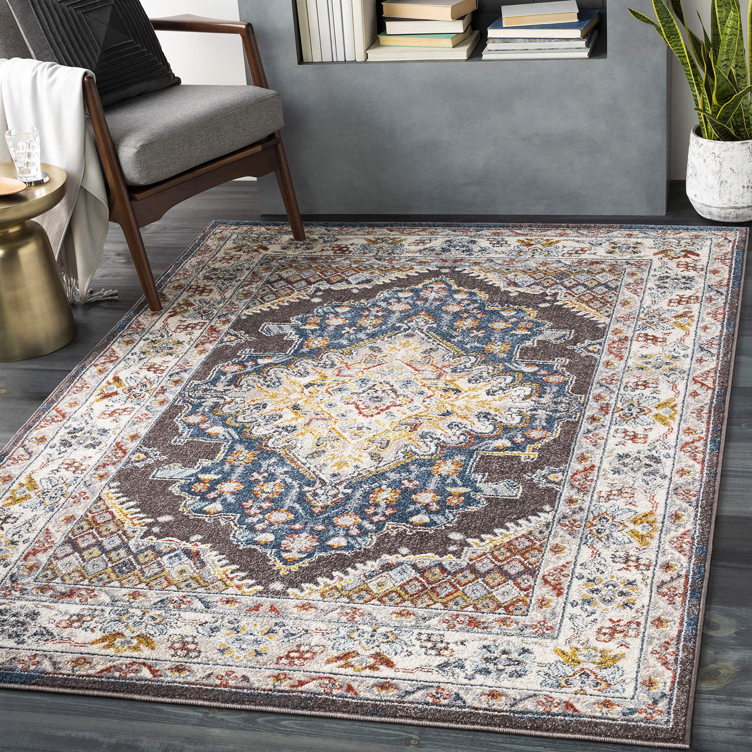 Livabliss Jade Casablanca Vintage Carpet 160x213 cm, Traditional Multicolour Boho Design for Living Room, Dining & Kitchen, Easy Care Pile, Brown Blue Mustard Rust