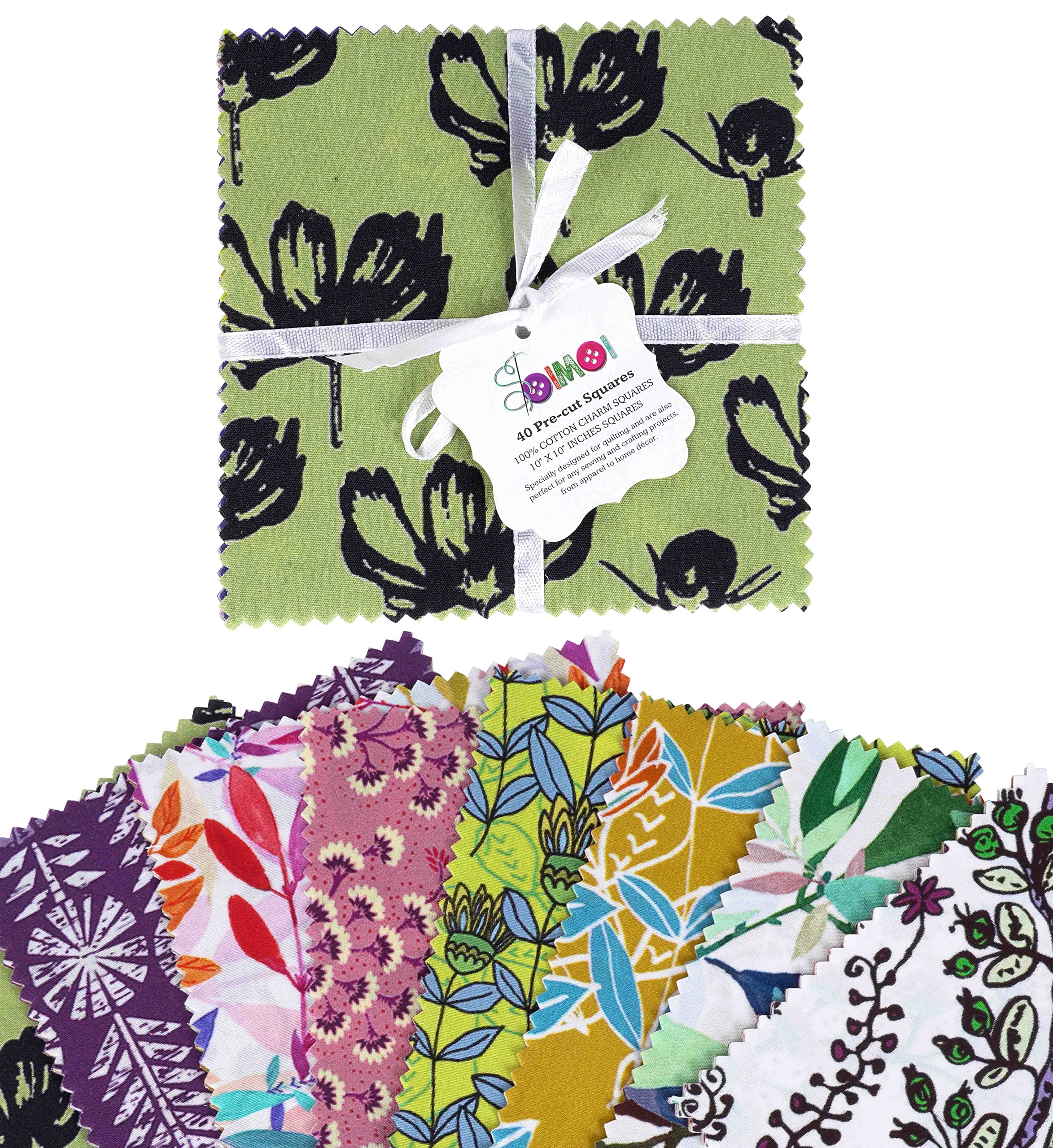 Soimoi Precut 10-inch Block Prints Cotton Fabric Bundle Quilting Squares Charm Pack DIY Patchwork Sewing Craft- Multicolor