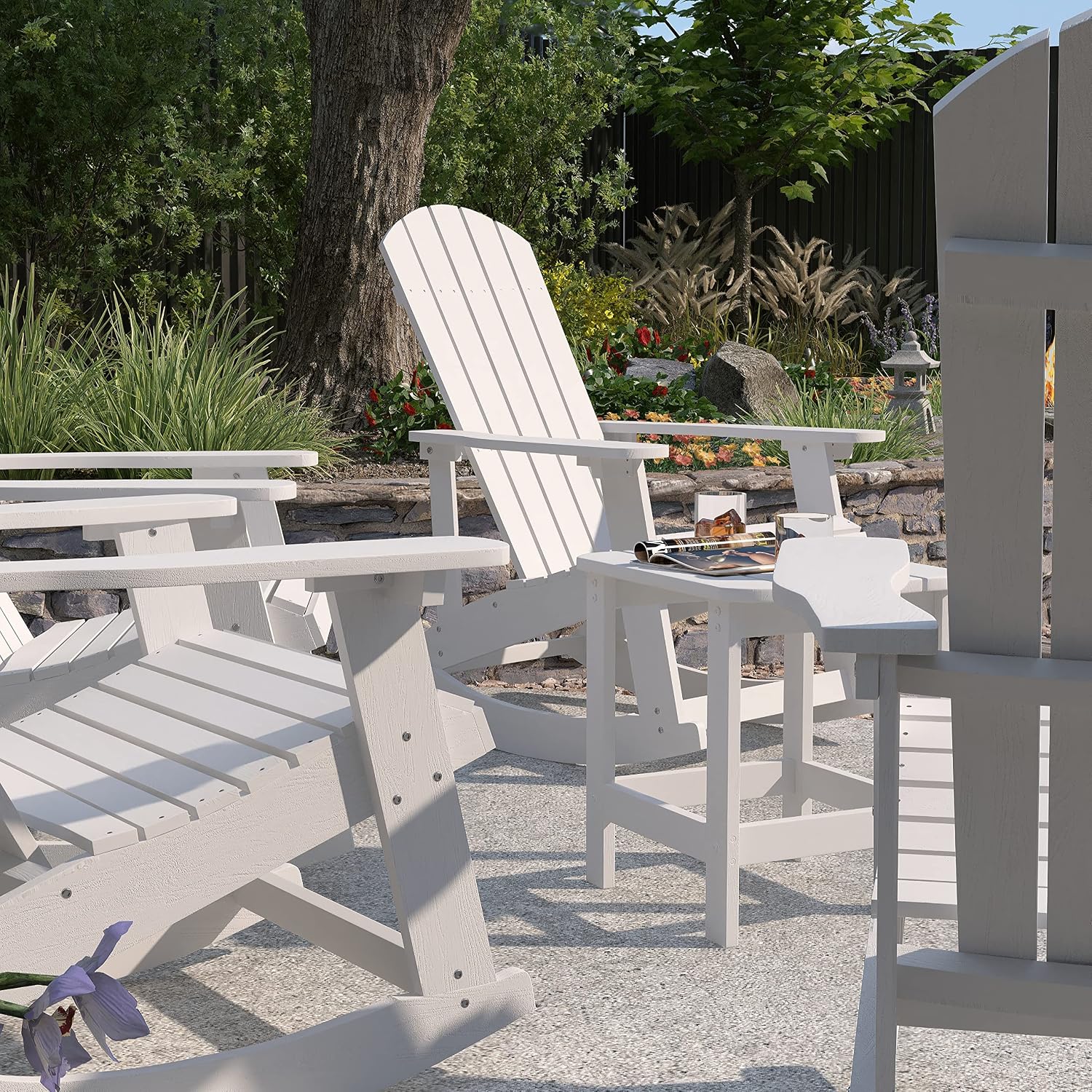 Merrick Lane Atlantic 3 Piece Patio Furniture Set - 2 White Adirondack Rocking Chairs - White Side Table - Durable Polyresin Frame - Stainless Steel Hardware