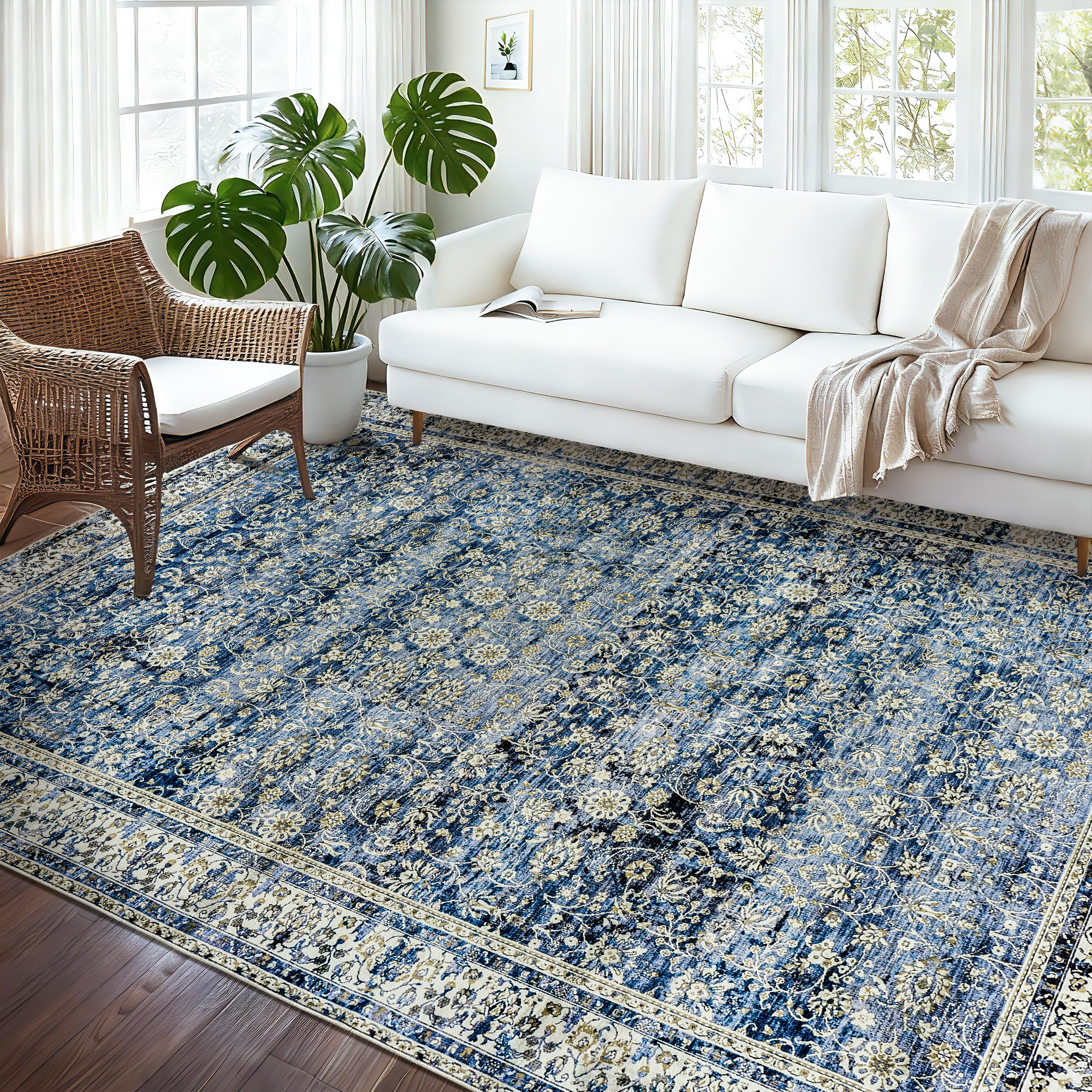 BILEEHOME Blue Rug for Bedroom Neutral Boho Farmhouse Floral Washable Soft Faux Wool No Slip Area Rugs for Living Room Home Office,5x8