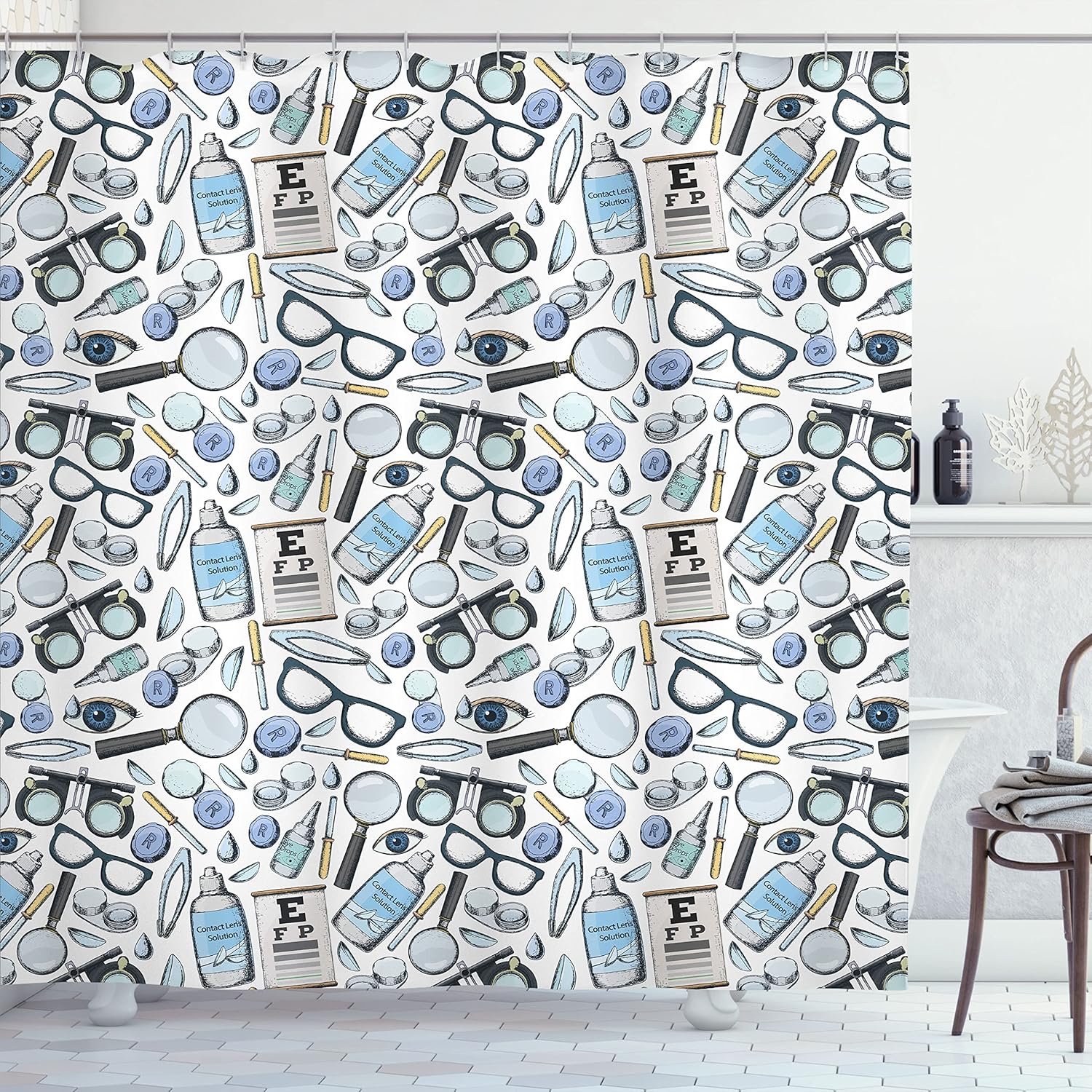 Ambesonne Eye Chart Shower Curtain, Scattered Optometry Themed Accessories on a Plain Background Print, Cloth Fabric Bathroom Decor Set with Hooks, 69" W x 70" L, Multicolor