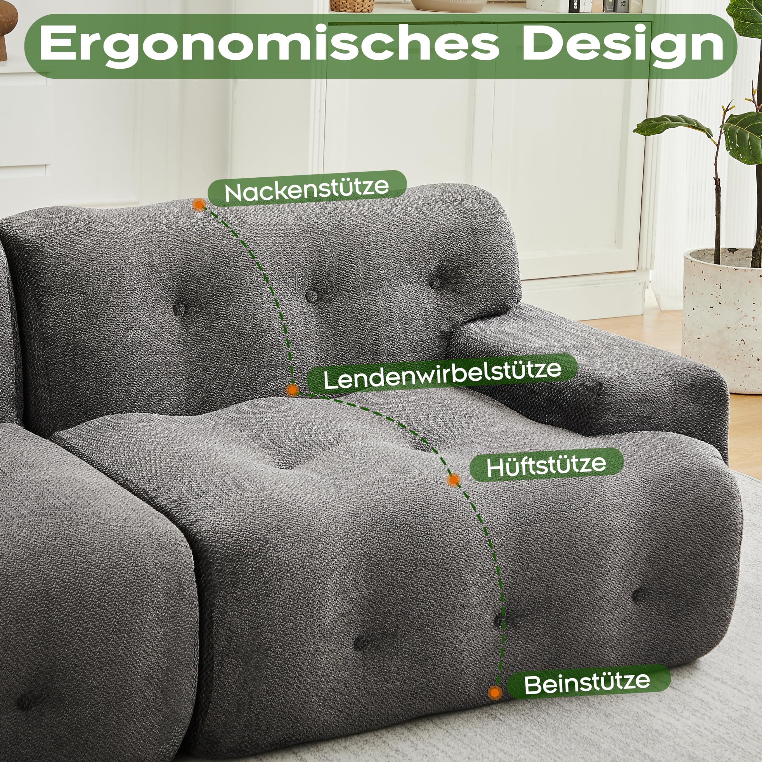 Cloud Sofa 2-osobowa, bardzo duża – modułowa sofa boneless z ornamentem na guziki, szerokie podłokietniki, szenilowe, łukowate, bez montażu, do salonu, szara