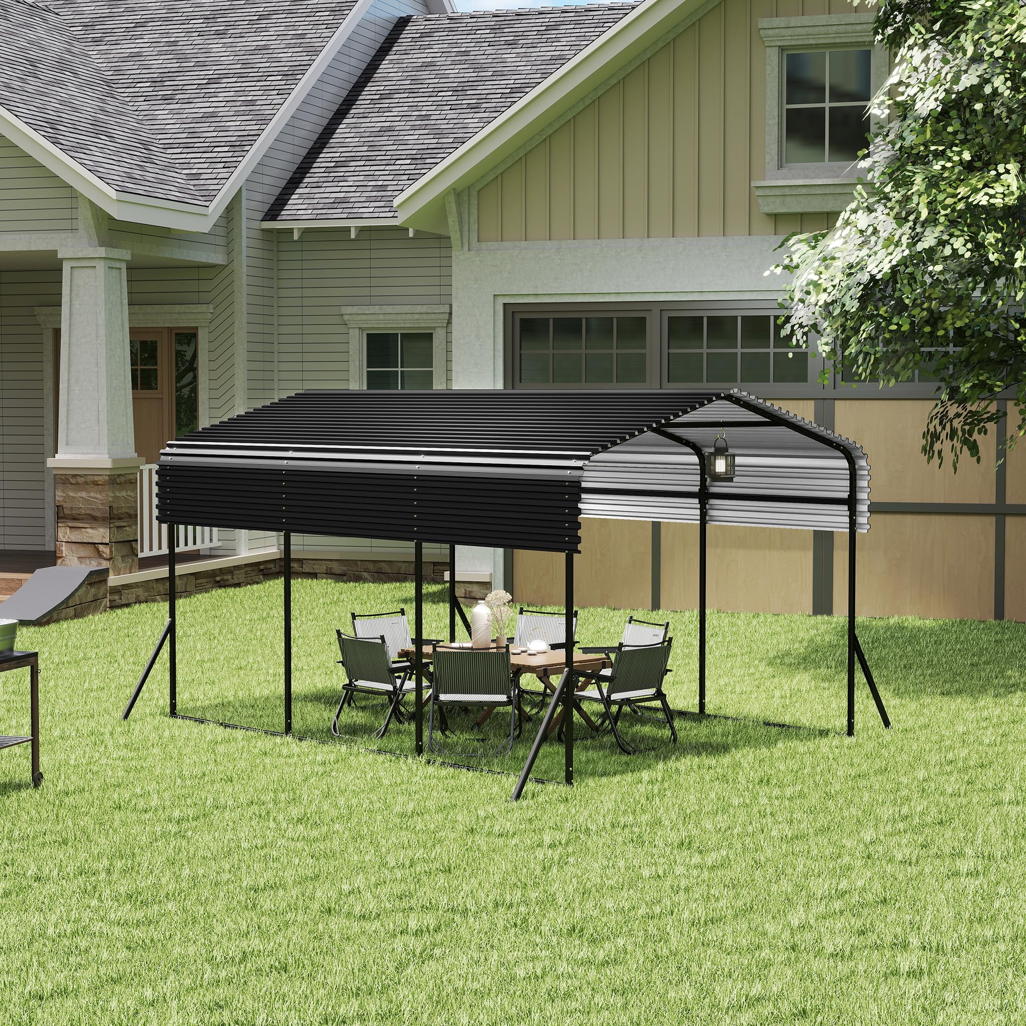 FIVMEN Carport Auto Metall 300x450 cm Überdachung Autoüberdachung Garage mit Spitzdach aus Trapezblech Stabil Autounterstand Autogarage Sonnenschutz & Wetterfest