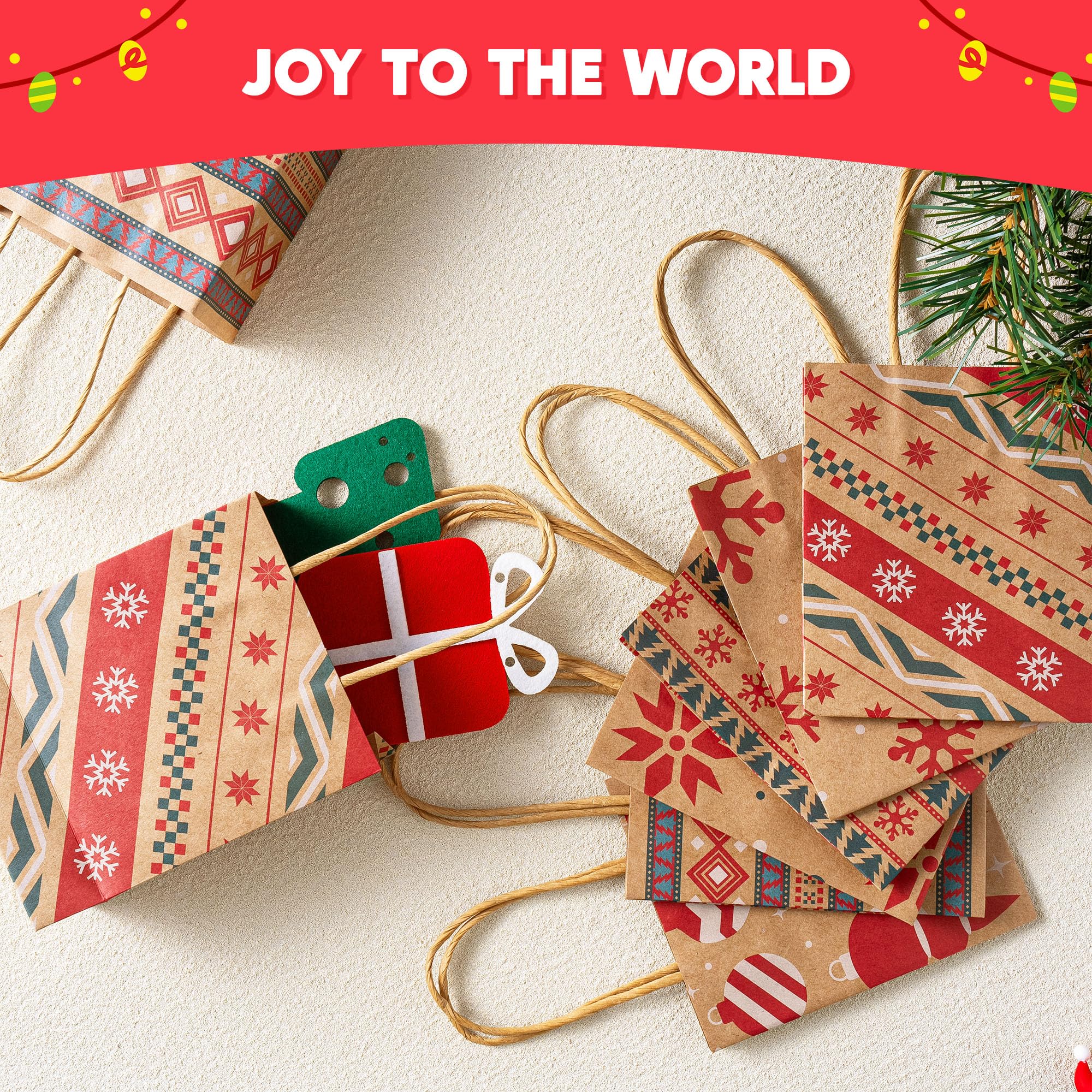JOYIN 24 sacchetti regalo natalizi in carta kraft con manici, riutilizzabili, per regali di festa, decorazioni giganti, bomboniere e forniture decorative (13,2 x 10,25 x 2)