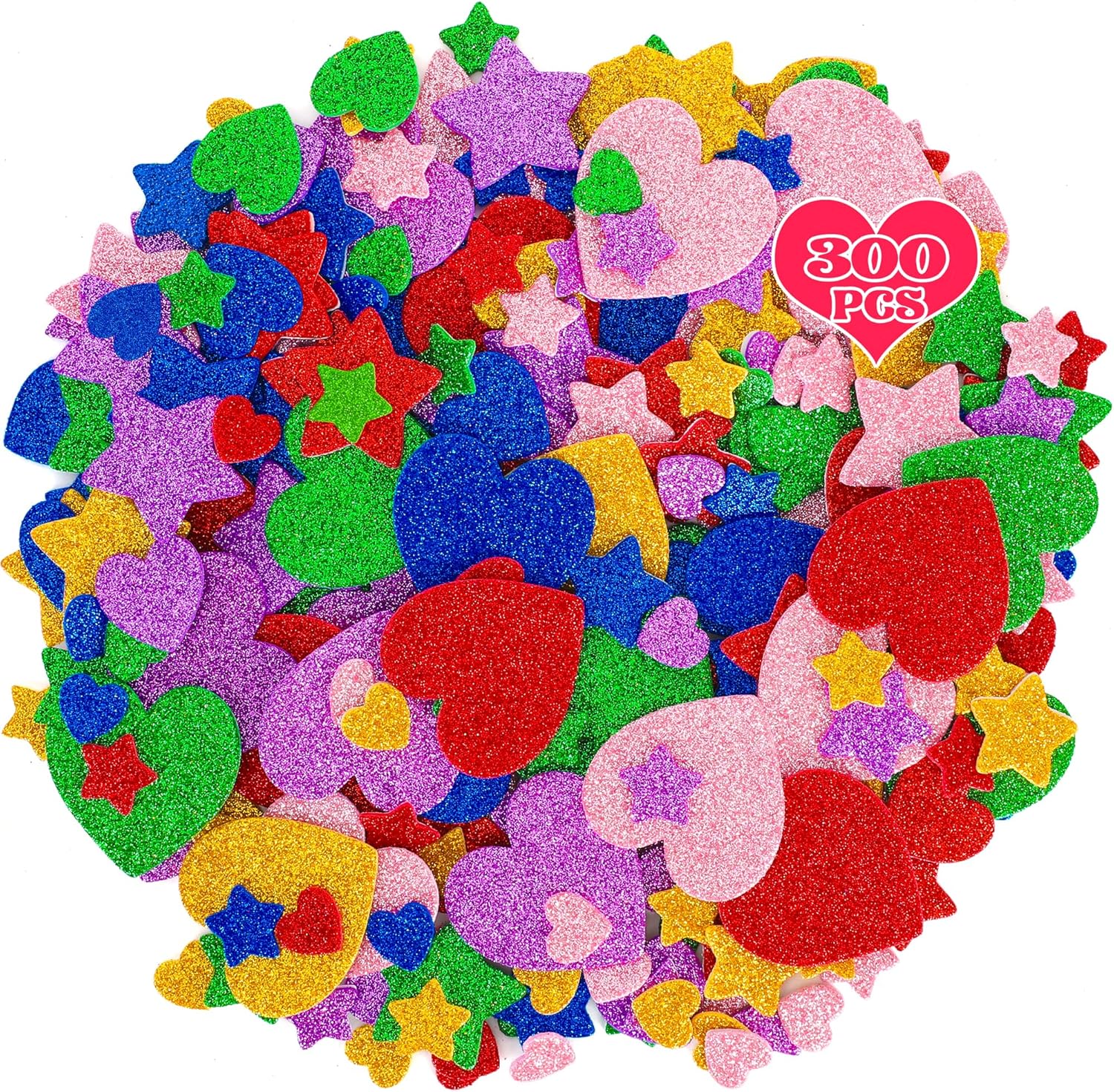 300 PCS Glitter Heart Stickers, Colorful Self Adhesive Foam Star Heart Stickers, Arts Craft Mini Star Bulk for Valentine Crafts DIY Greeting Card Envelopes Scrapbooking