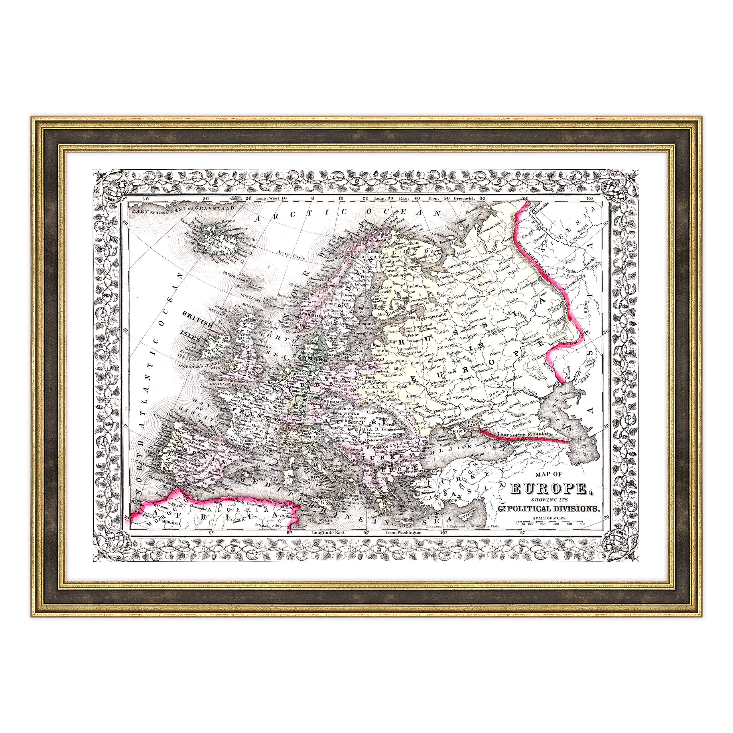 Poster et impression avec cadre classique – Carte de l'Europe de 1870 (462)