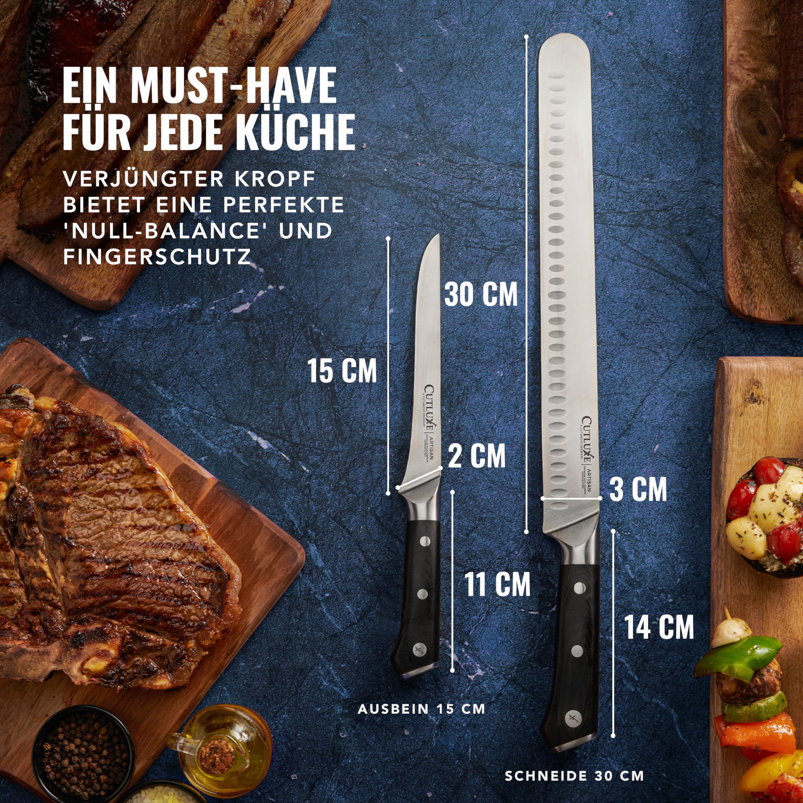 Cutluxe BBQ Messerset mit 2 - Fleischmesser & Filetiermesser zum Schneiden von Fleisch - Küchenmesser Scharf - deutscher Stahlklinge - Full Tang - Ergonomische Griffe - Artisan Serie