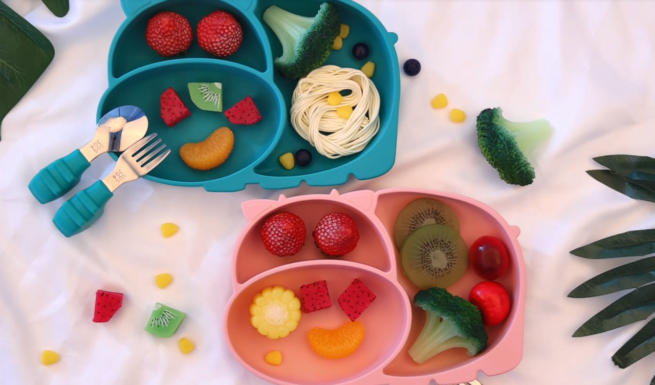 Piatto Pappa Ventosa Piatto Per Bambini Con Ventosa - 3 Scomparti, Antiscivolo, Blu Elefante Piatti Per Bambini