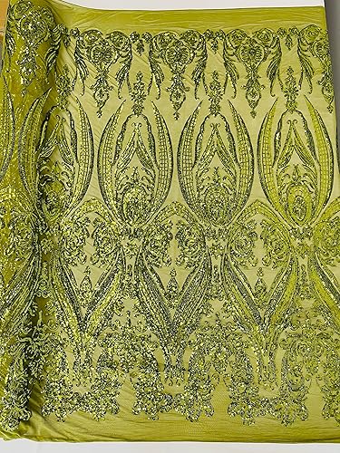 Miniatura 1 de New Creations Fabric & Foam Inc, Diseño de damasco imperio con lentejuelas bordadas en una tela de malla elástica de 4 vías (1 yarda, verde oliva)