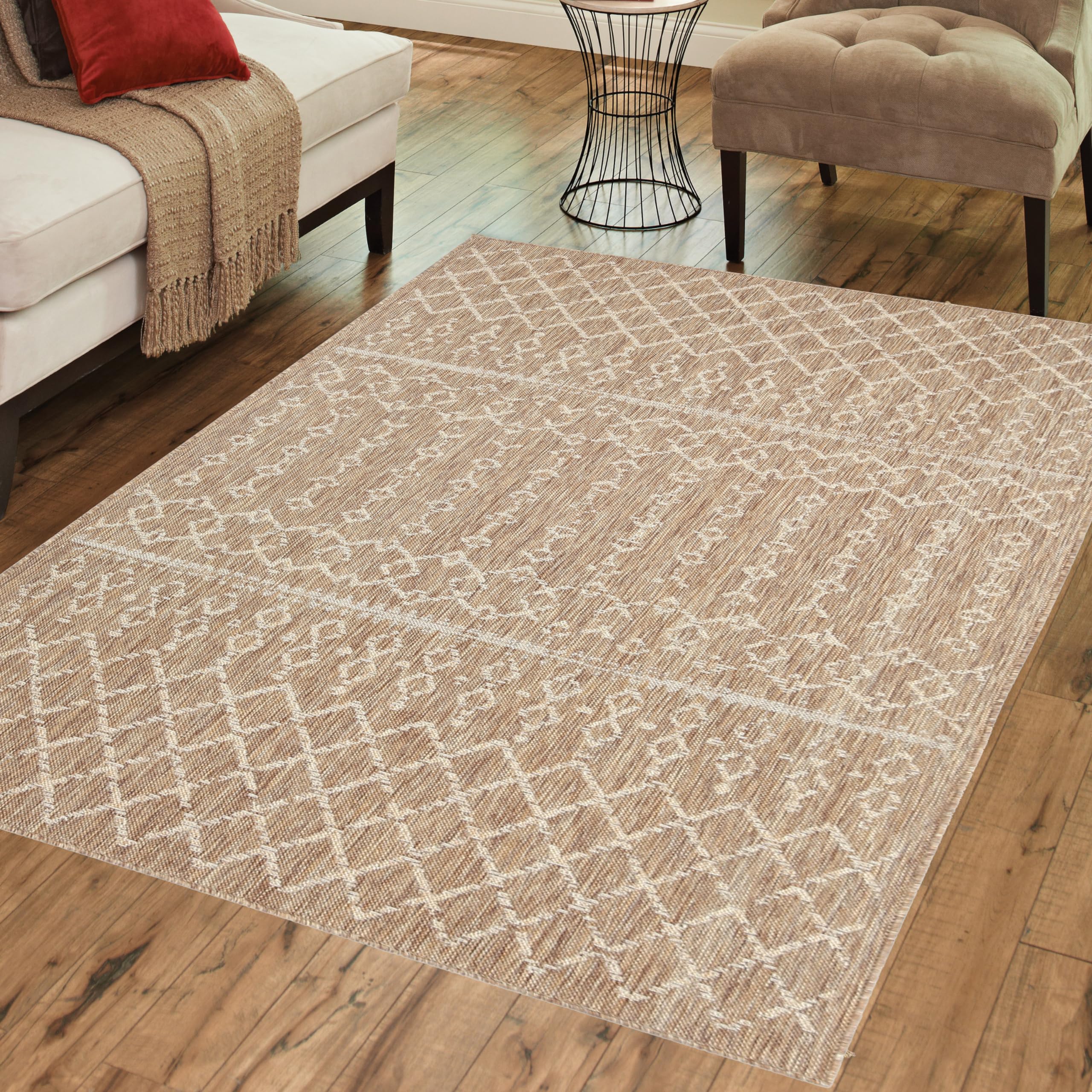 PRIYATE Florida Collection -Bohemian Motif Polypropylene Rug Runner for Bedroom, Living Room, Dining Room | Indoor/Outdoor Area Rug | Anti Slip, Kids Friendly Floor Carpet -Neutral (6’7” x 8’10”)-image-45