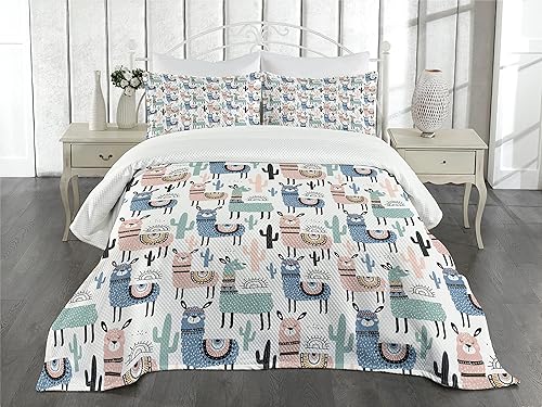 Miniatura 2 de Ambesonne Colcha de llama, estilo de dibujos animados, dibujados a mano, diseño de alpacas y llamas, diseño de animales sudamericanos, juego de
