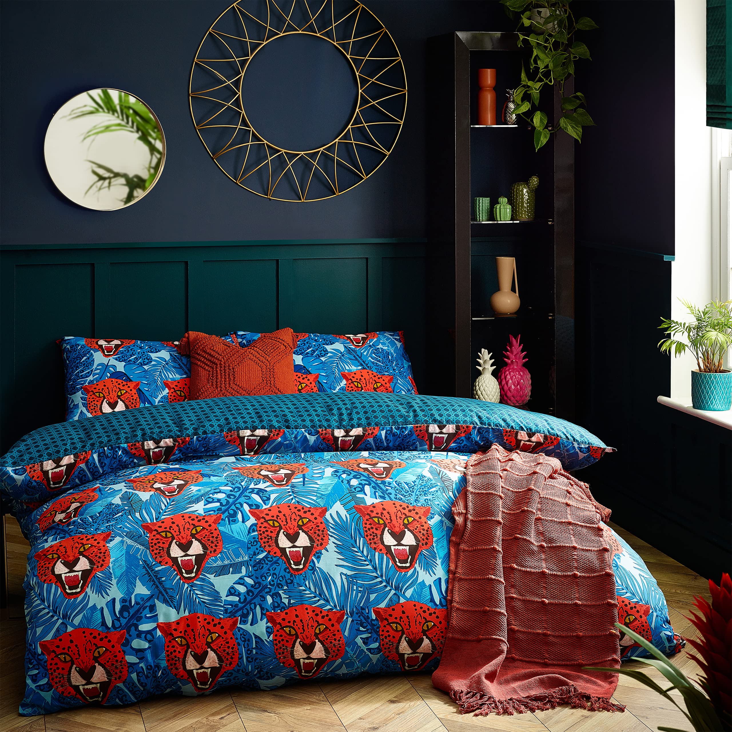 furn. Untamed King Size Blue Cheetah Botanical Duvet Cover Set - Blue