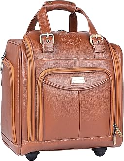 BRAND LEATHER Genuine Leather Underseat Carry-On Rolling Travel Luggage Bag (TAN)