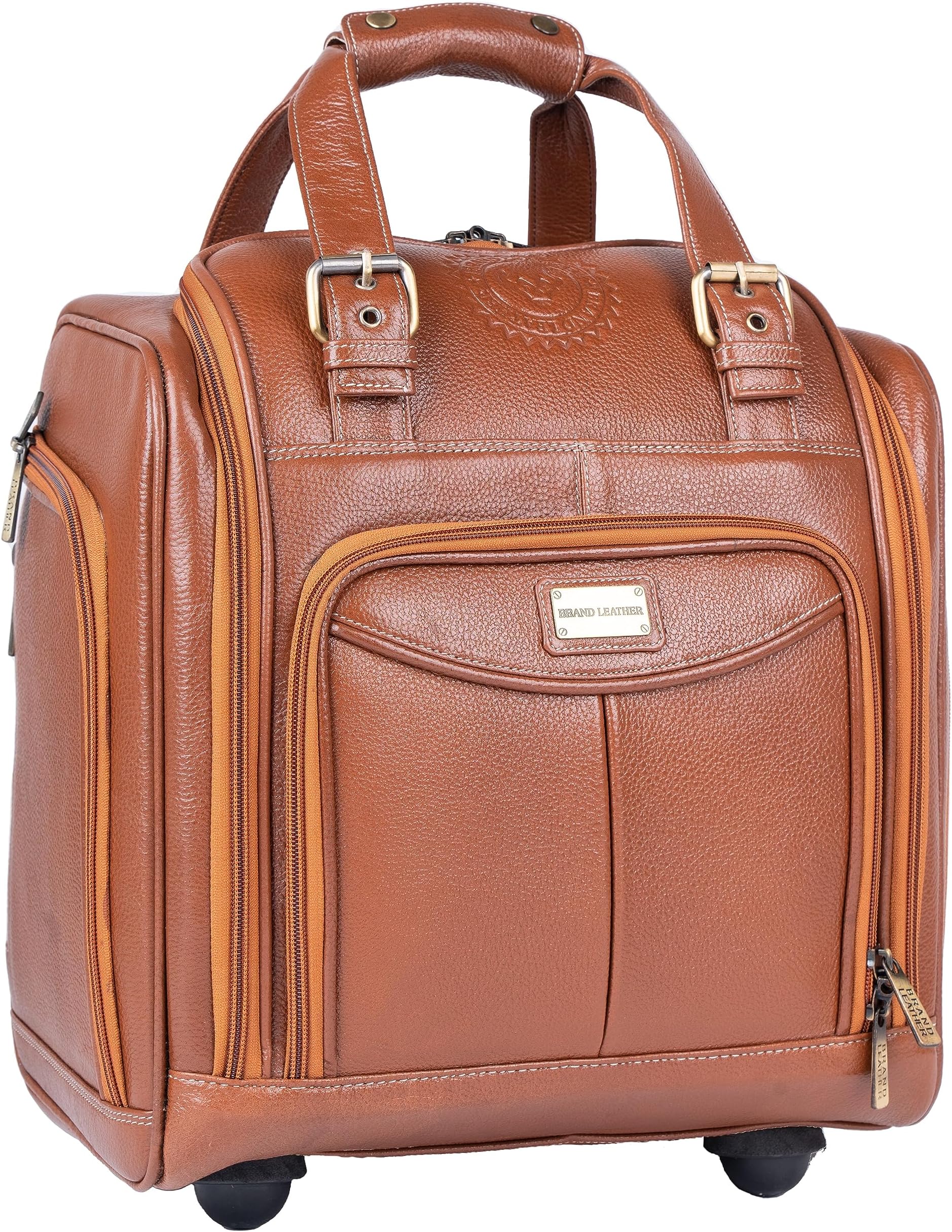 BRAND LEATHER Genuine Leather Underseat Carry-On Rolling Travel Luggage Bag (TAN)