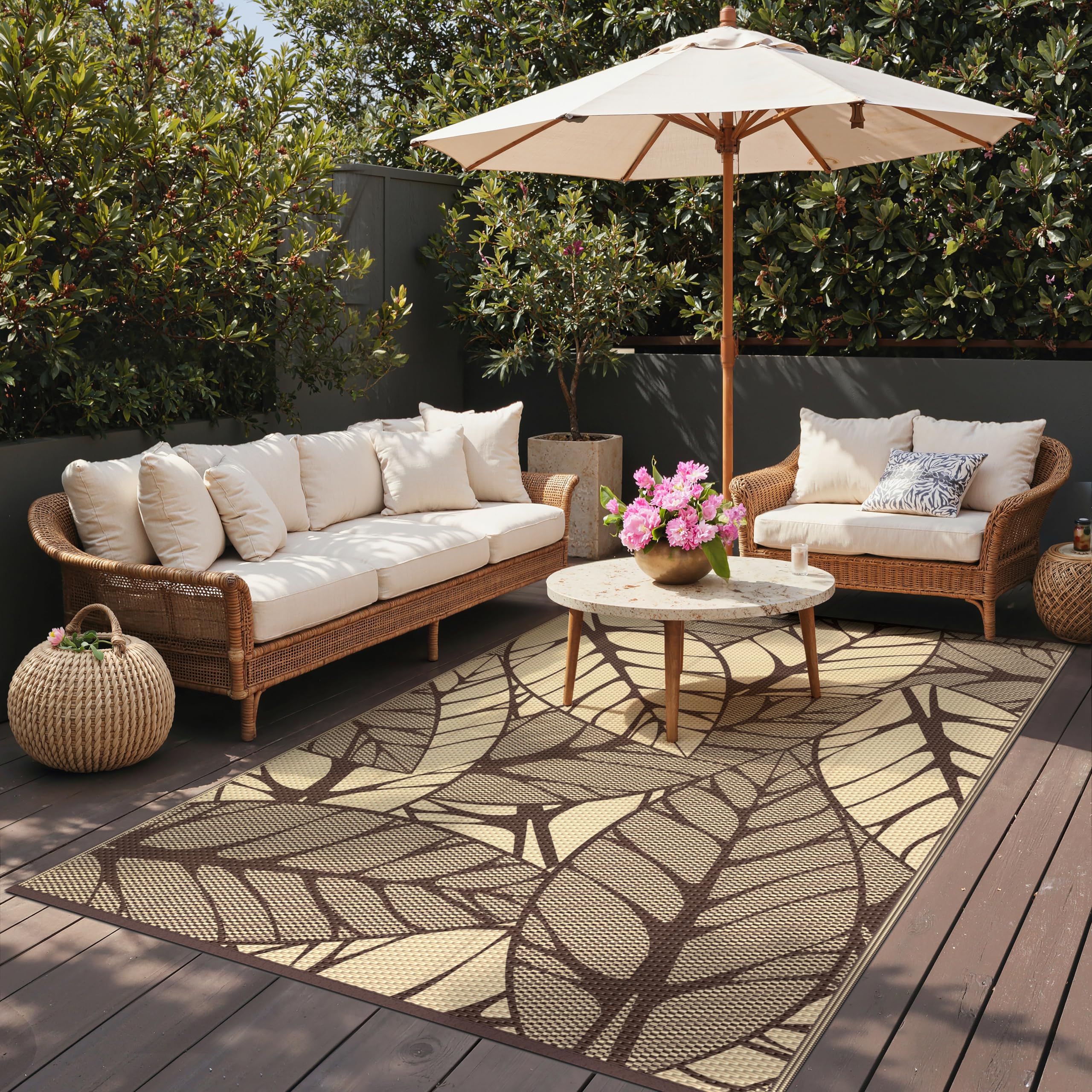GENIMO Outdoor Rug 180x270cm, Large Botanical Leaf Waterproof Reversible Garden Rug, Washable Patio Carpet, Recycled Plastic, Modern Outside Mat for Out Door, Backyard, Coffee and Beige