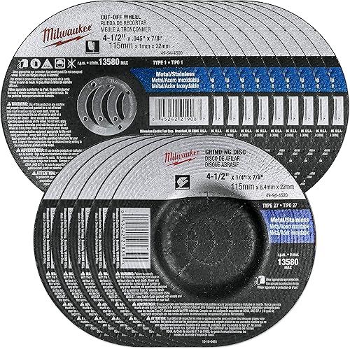 Milwaukee Juego de 15 ruedas de molienda y corte de 4.5 pulgadas para amoladoras - Molienda y corte agresivos para metal y acero inoxidable