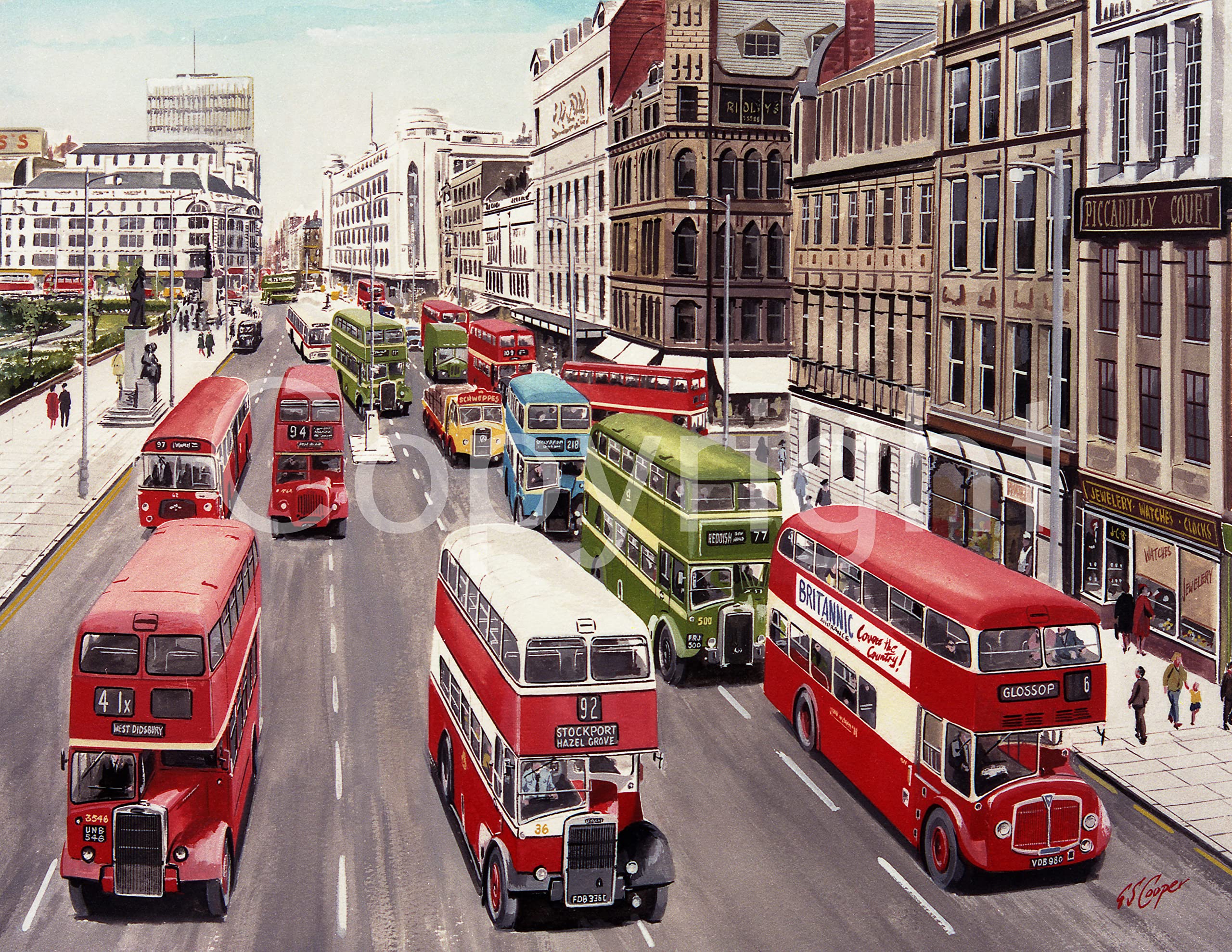 Silver Manchester Piccadilly Buses Nostalgic 1960'S Scene Metal Wall Art