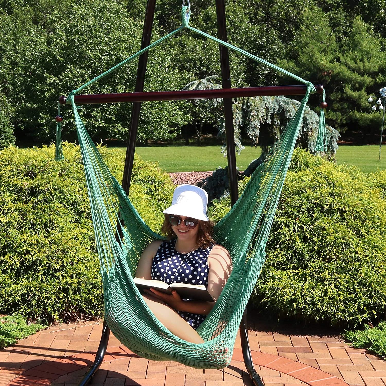 Sunnydaze Outdoor Hammock Chair Swing - Hanging Hammock Swing - Hanging Reading Chair - Soft-Spun Polyester Rope - Caribbean XL - Jungle Green