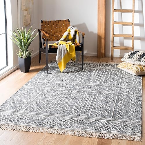 SAFAVIEH Kilim Collection - Alfombra de área de 5 x 8 pies, negro y marfil, lana marroquí con flecos, hecha a mano, ideal para zonas de alto tráfico disponible en Yaxa Peru