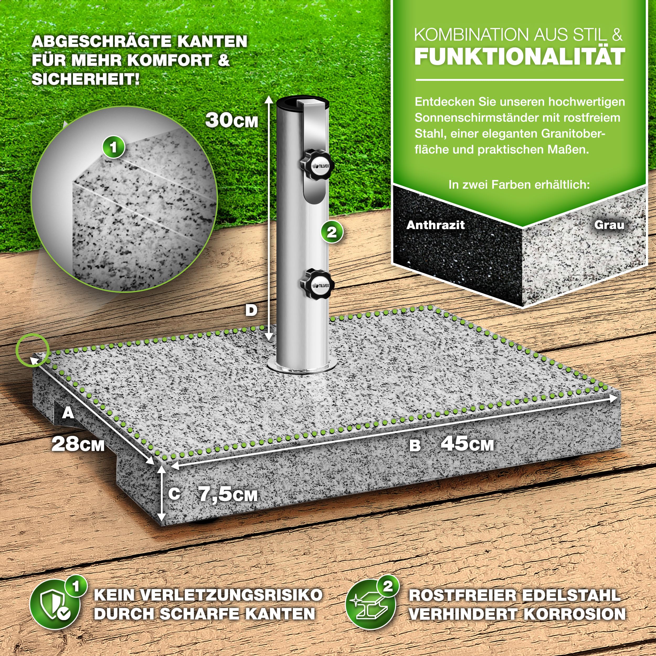 tillvex® Base per Ombrellone da Giardino in Granito, Rettangolare - 25 kg, con Tubo in Acciaio Inox, Supporto per ombrellone da Balcone da 16 a 48 mm e 300 cm di Diametro + Maniglia per Il Trasporto
