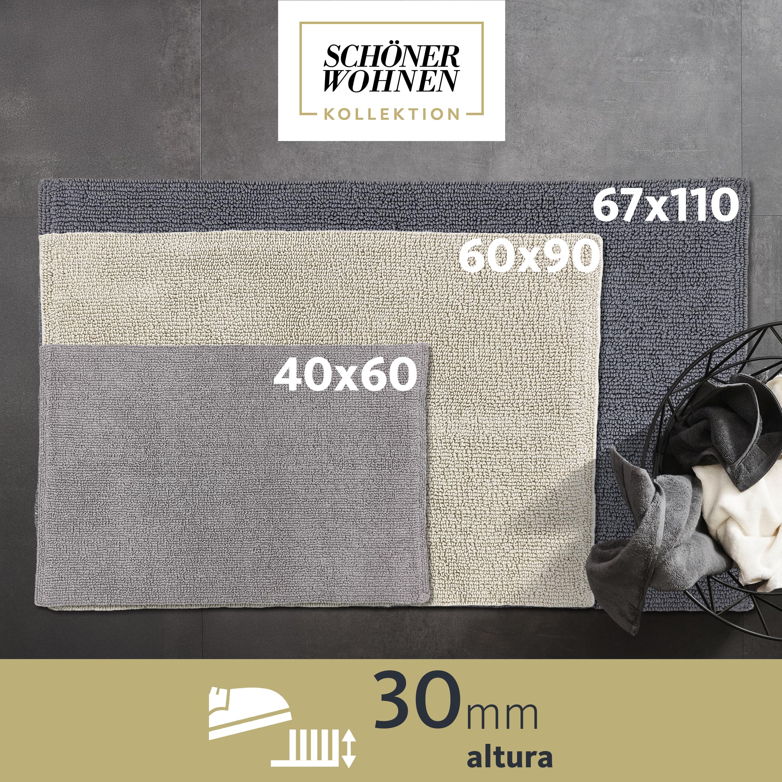 Schöner Wohnen Collection Alfombra de baño 60 x 90 cm - Reversible - Lavable - 100% algodón - Monocolor - Gris Claro | Alfombrilla de baño antideslizante, 100% algodón, apta para secadora, absorbe la humedad