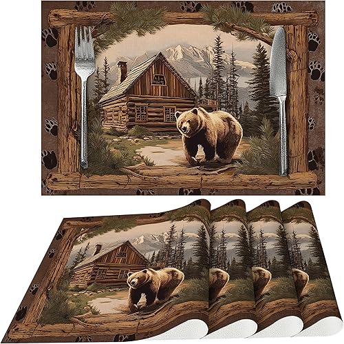 Miniatura 29 de Juego de 4 manteles individuales de tela vintage rosa para mesa de comedor, manteles individuales rectangulares de tela Rosa Vintage,Oso y