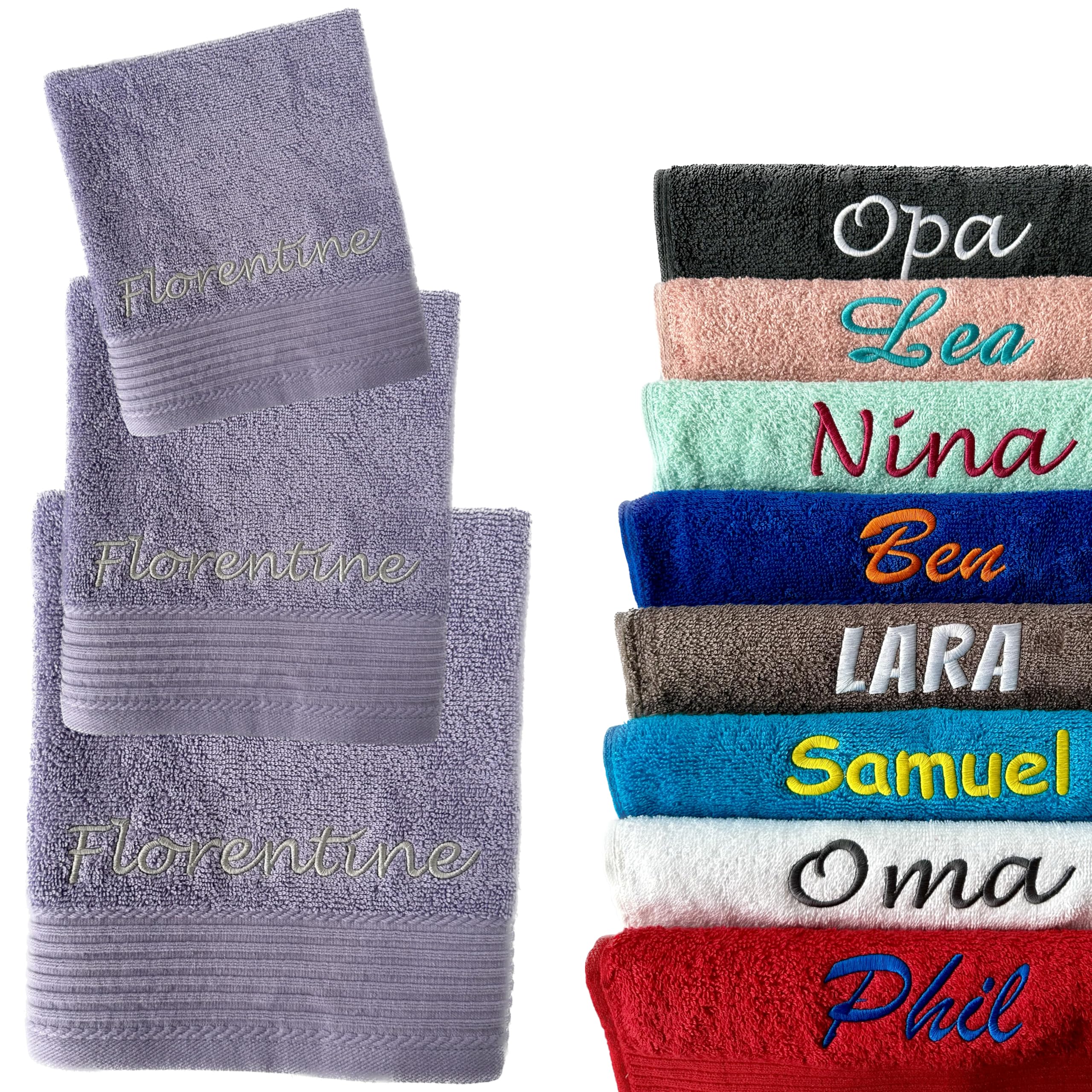 Schnoschi Handtuch 3er Set lila 30 x 50 Gästehandtuch, 50 x 100 Duschhandtuch und 100 x 180 Saunahandtuch personalisiert mit Namen, Motiv oder Wunschtext Bestickt, 100% Baumwolle, 450 g/m²