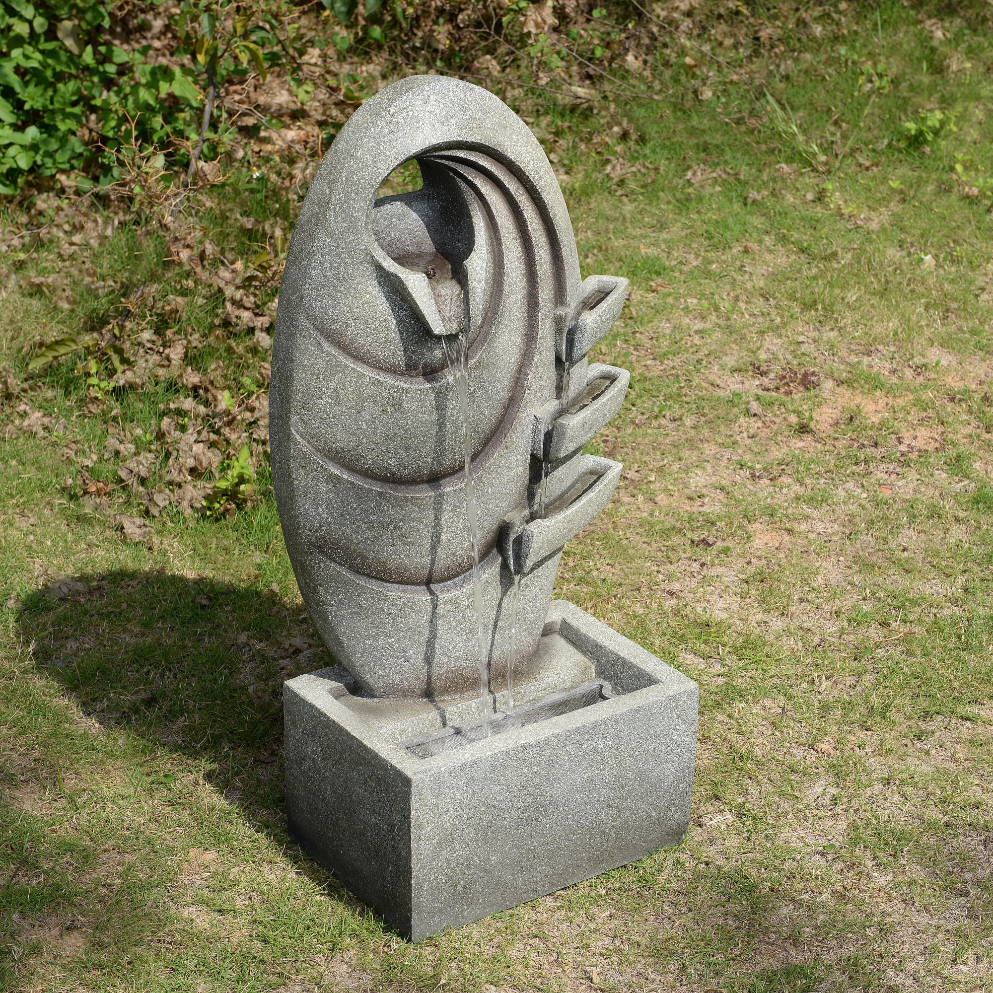 Teamson Home Garten Outdoor Brunnen Moderner Ovaler Brunnen mit warmen LED-Lichtern, Einstellbarer Fluss, Robustes dunkelgraues Steinoptik-Finish