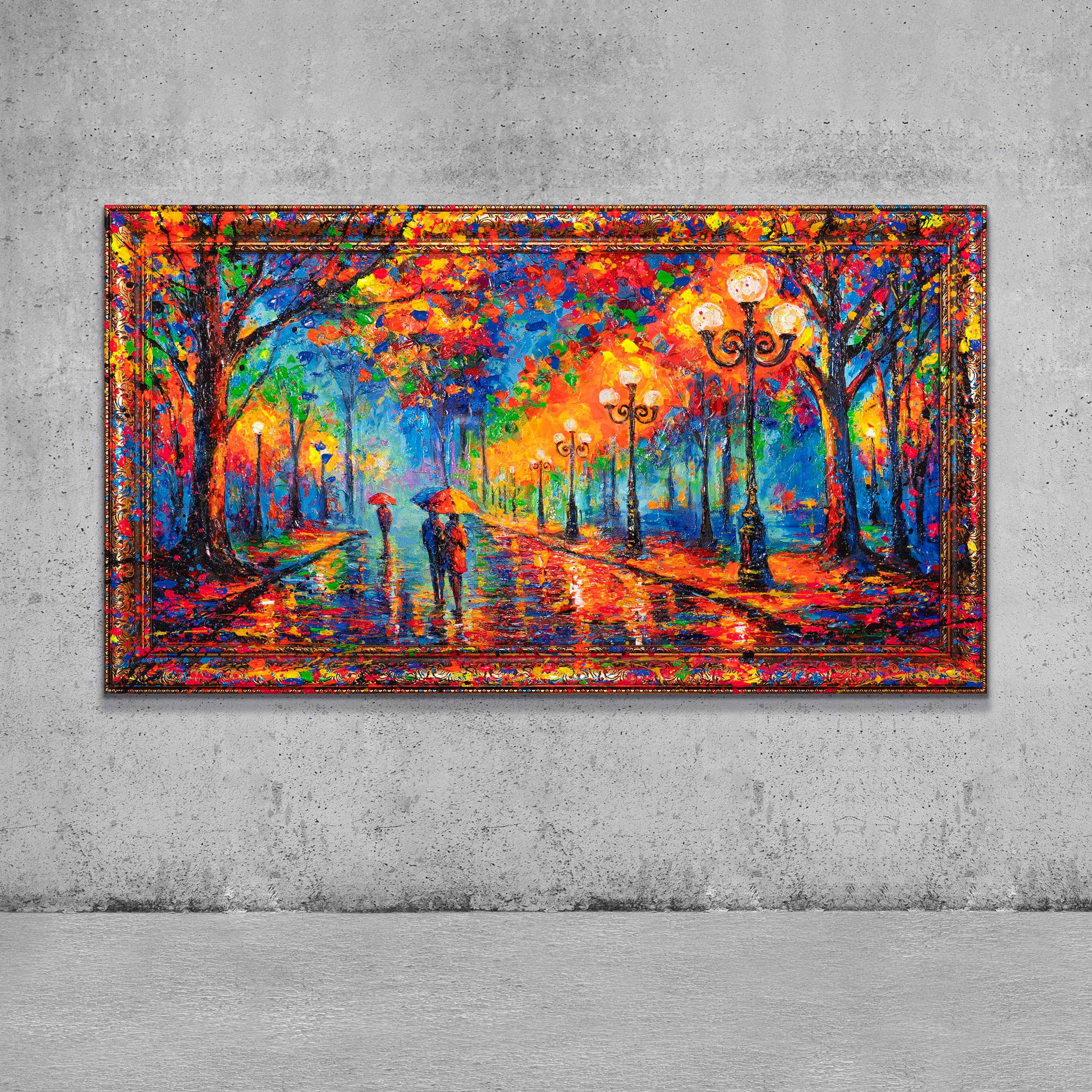YS-Art Original Handmade Painting Acrylic on Canvas with Romantic Rainy Night Park Scene, Wall Art Colorful Cityscape with Street Lights and Couple 56x28 inches