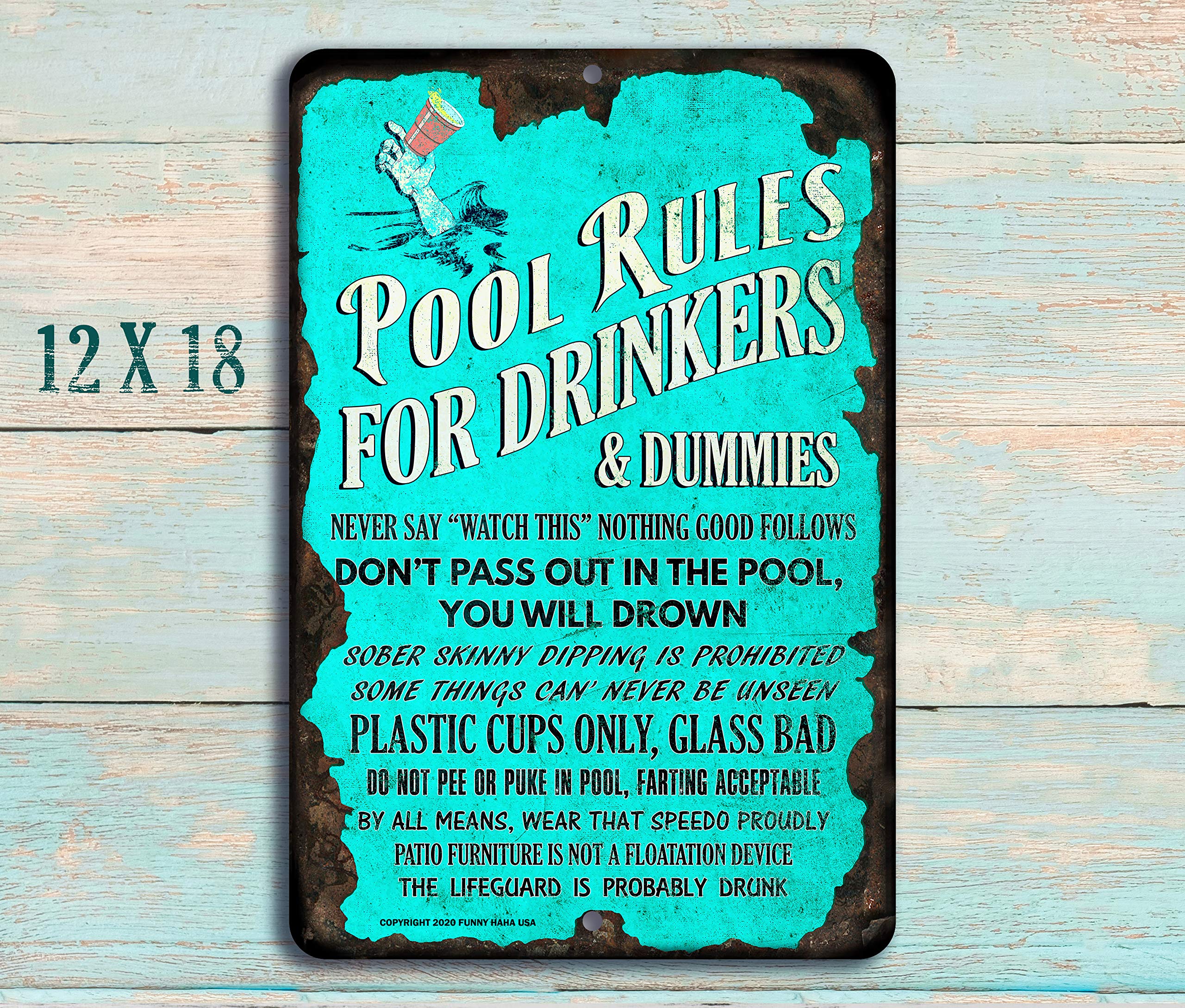 Cartel de aluminio con reglas de piscina para bebedores y chupetes, 30,5 x 45,7 cm Funny HAHA USA