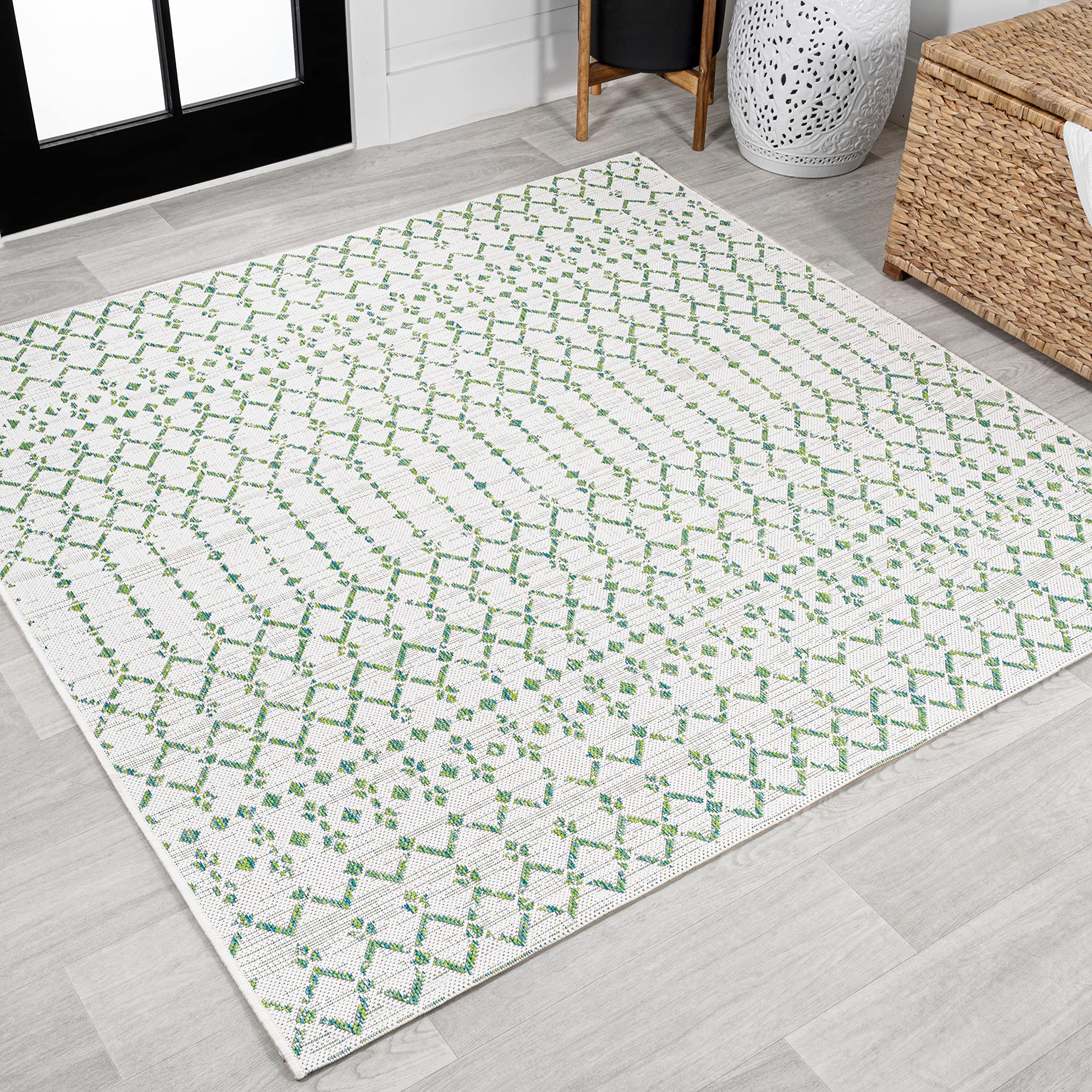 JONATHAN Y Moroccan Geometric Indoor Outdoor Square Area Rug 5X5 Green/Ivory